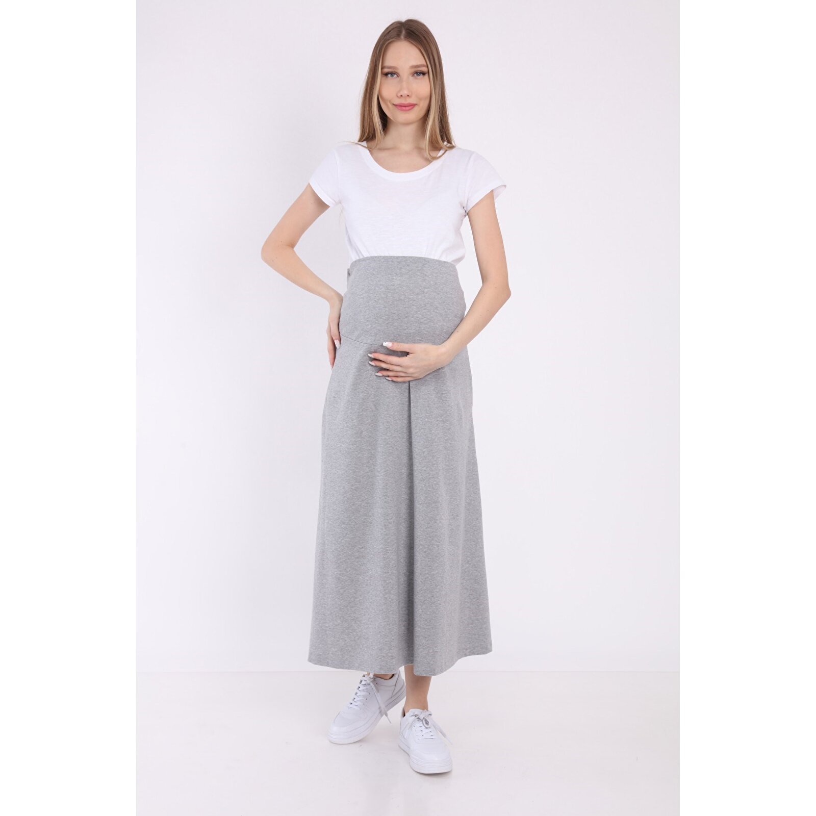 GRİ Beli Ayarlı Lastikli Kadın Uzun Hamile Etek