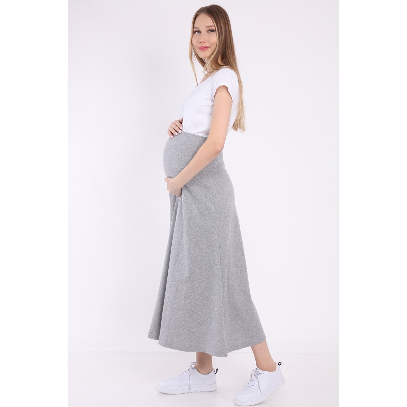 GRİ Beli Ayarlı Lastikli Kadın Uzun Hamile Etek