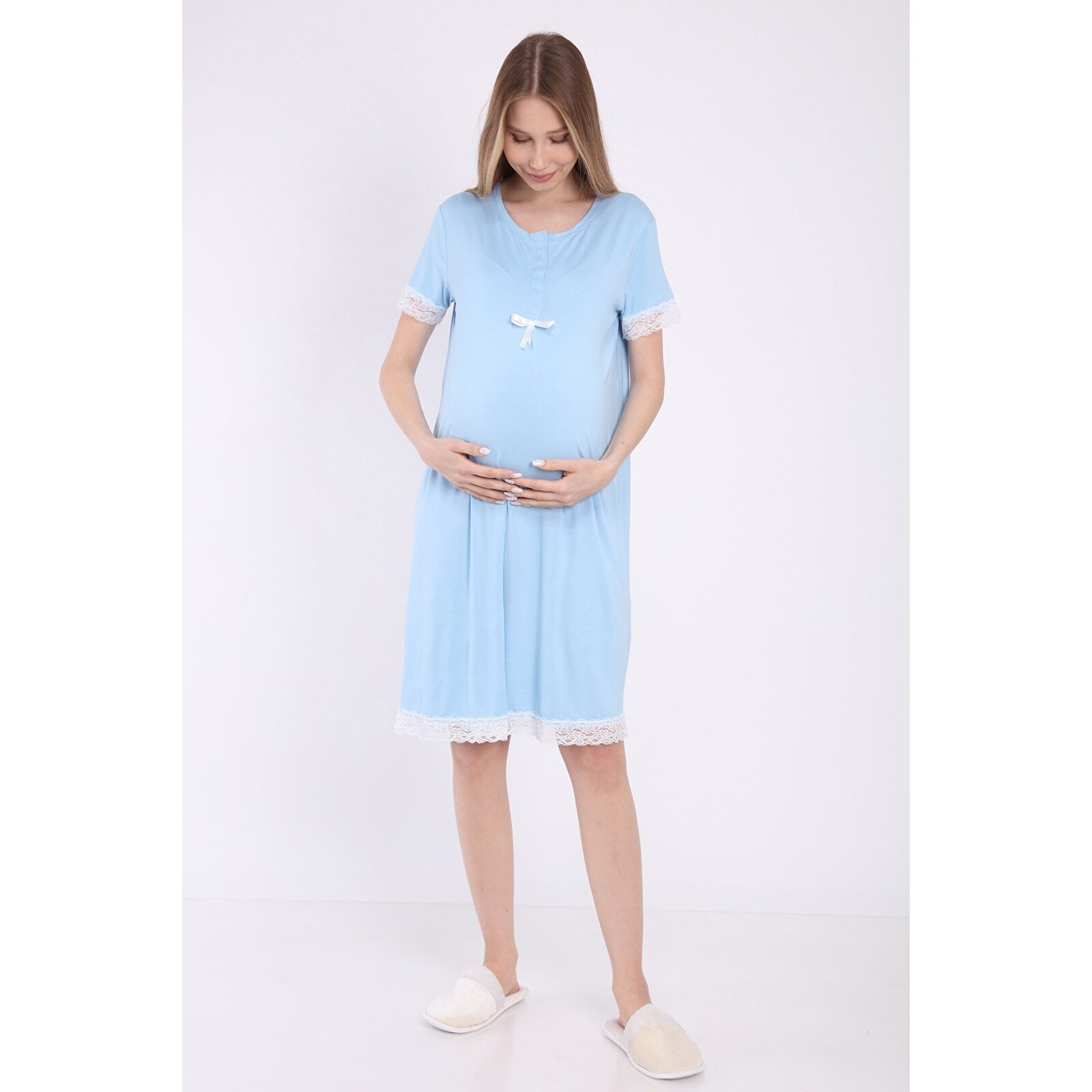Mavi Önden Çıt Çıt Dantelli Kadın Hamile Geceliği