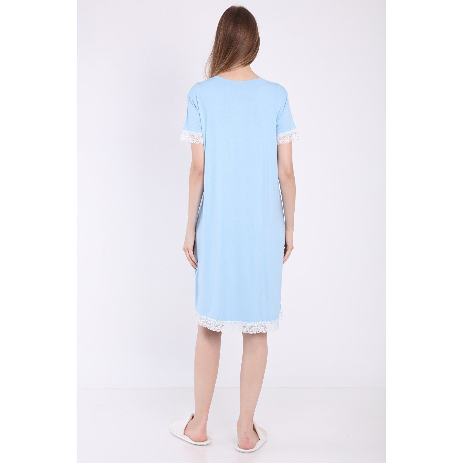 Mavi Önden Çıt Çıt Dantelli Kadın Hamile Geceliği