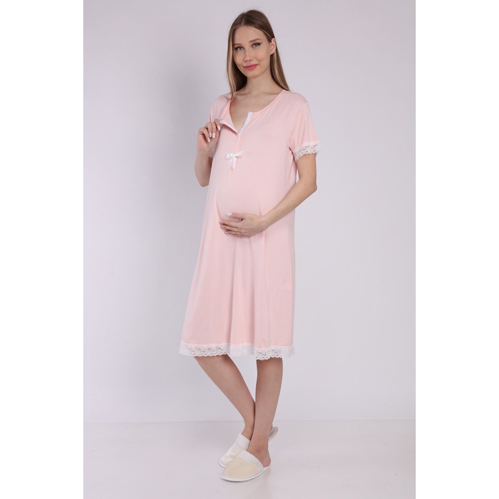 Pembe Önden Çıt Çıt Dantelli Kadın Hamile Geceliği