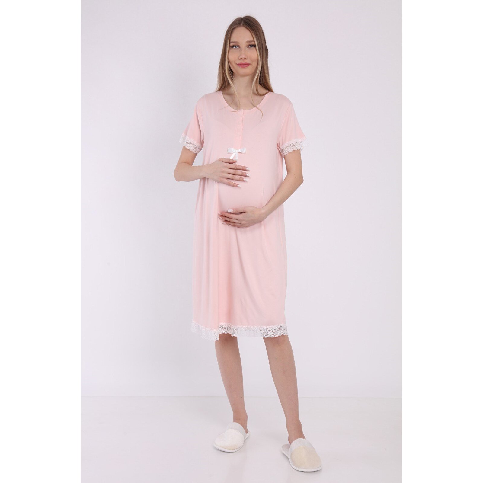 Pembe Önden Çıt Çıt Dantelli Kadın Hamile Geceliği