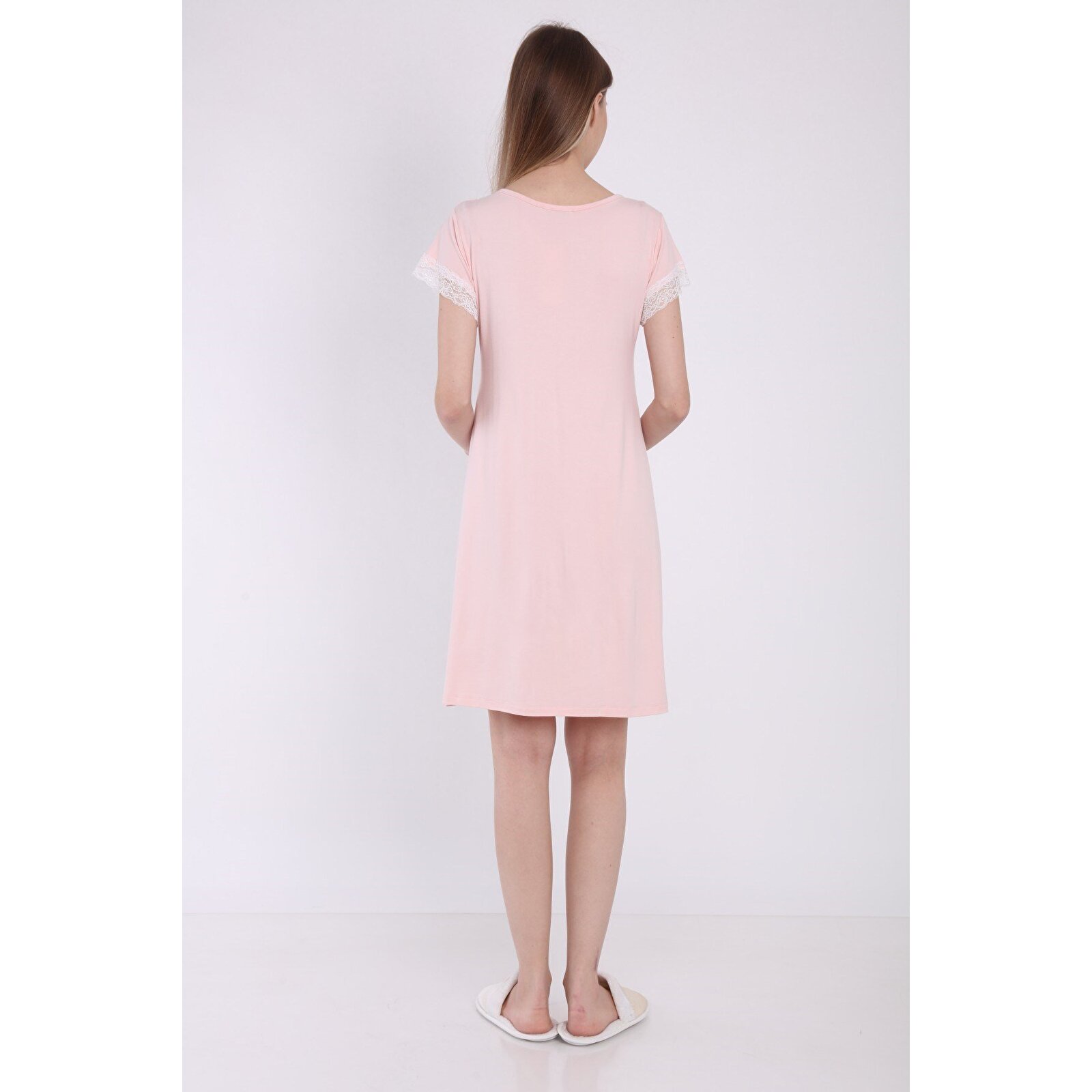 Pembe Kadın Dantelli Önden Bölmeli Hamile Geceliği