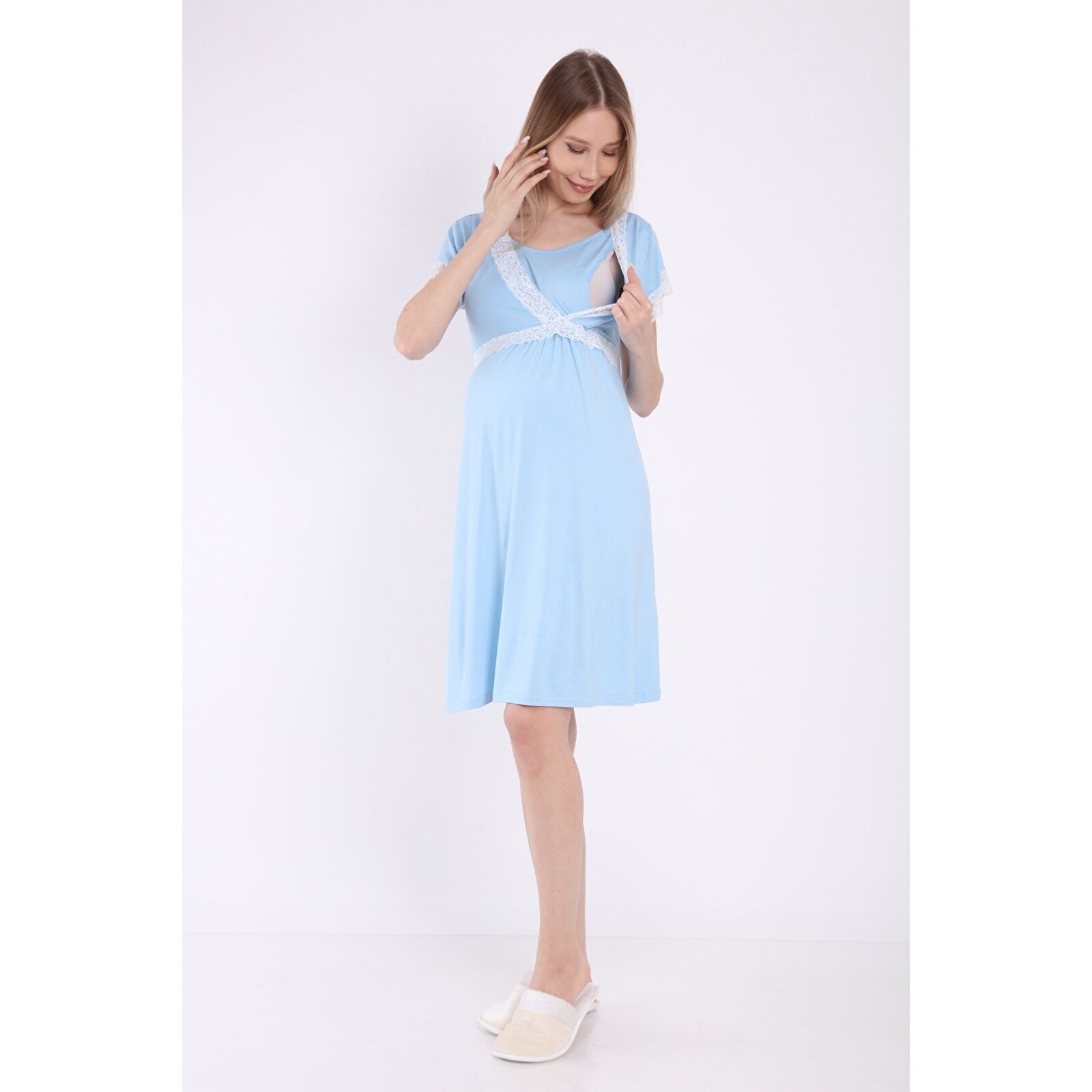 Mavi Kadın Dantelli Önden Bölmeli Hamile Geceliği