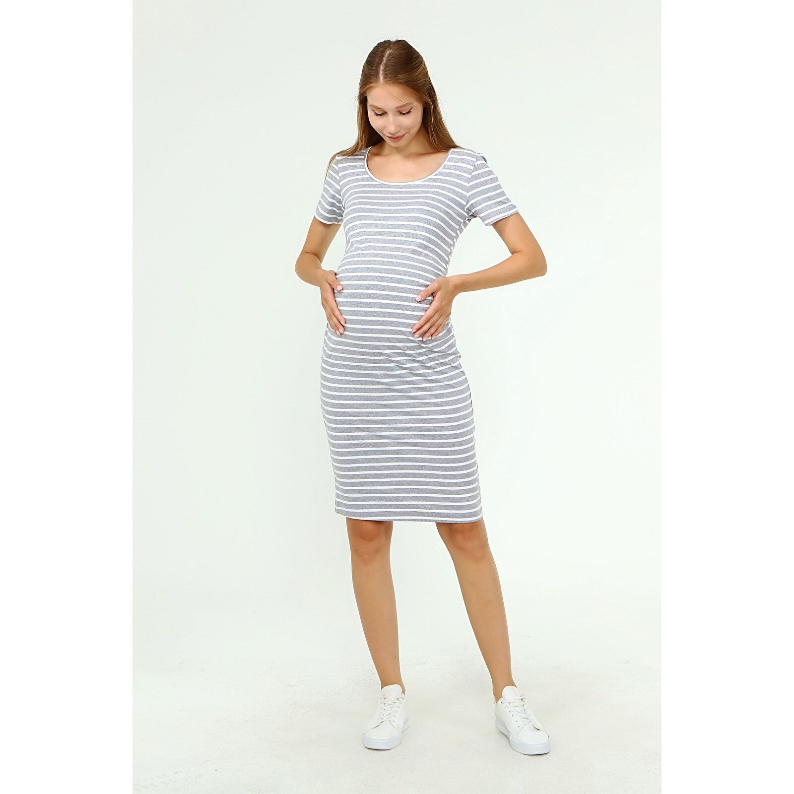 GRİ Kısa Kollu Kadın Hamile Elbise