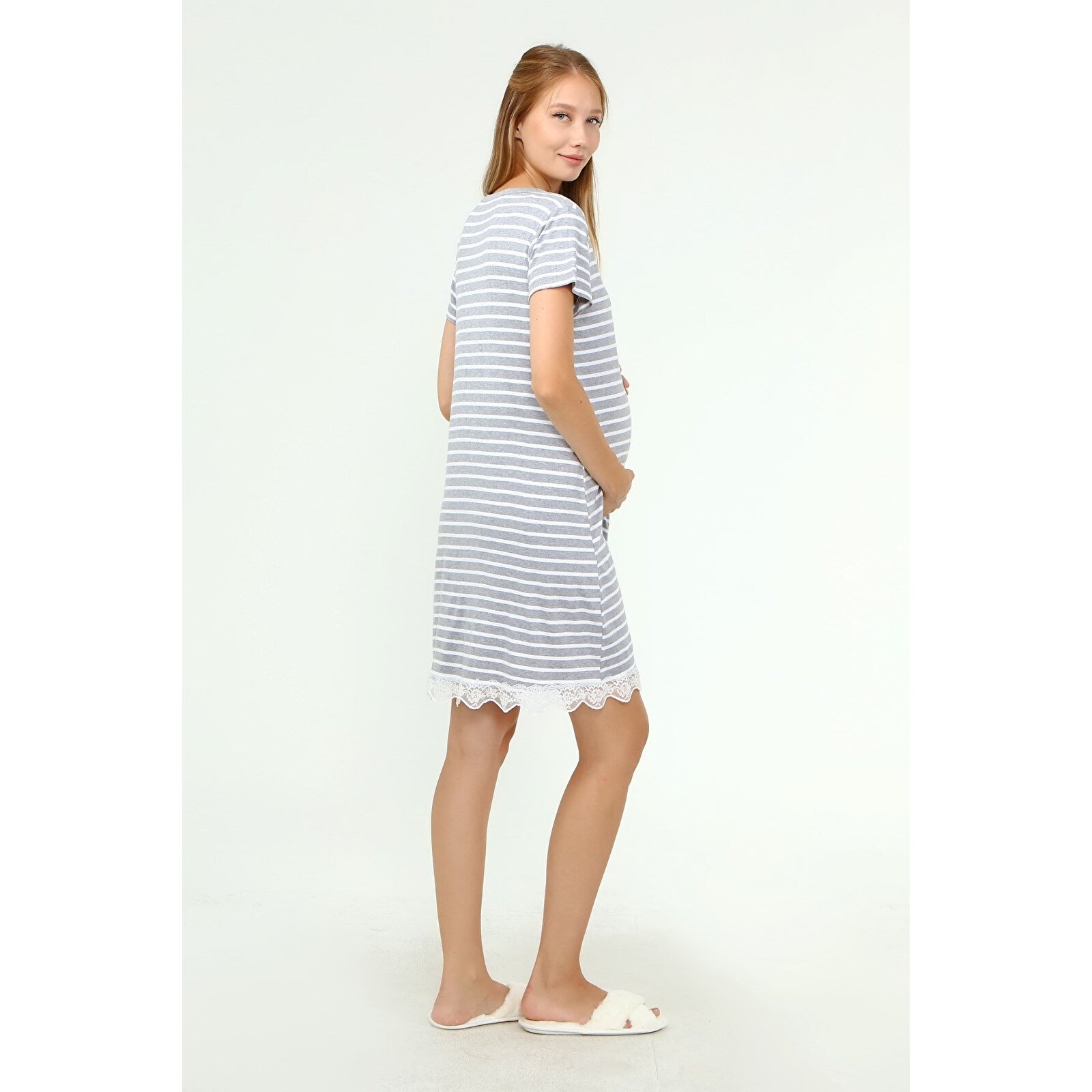 GRİ Kadın Düğmeli Dantelli Cepli Hamile Geceliği