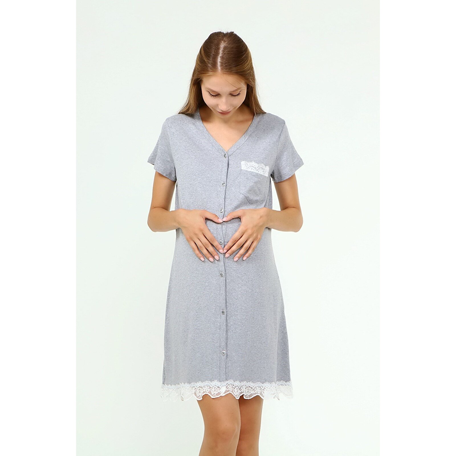 GRİ Kadın Düğmeli Dantelli Cepli Hamile Geceliği