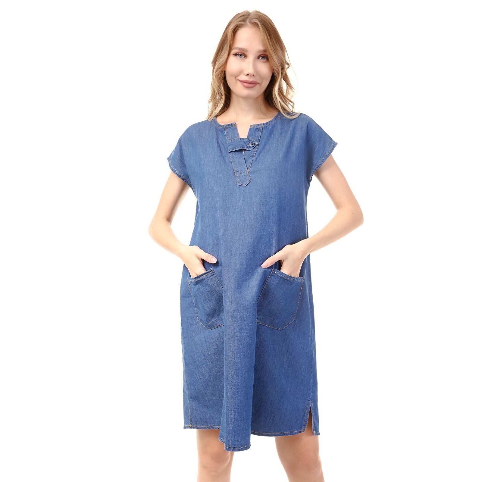 Mavi V Yaka Kadın Denim Elbise