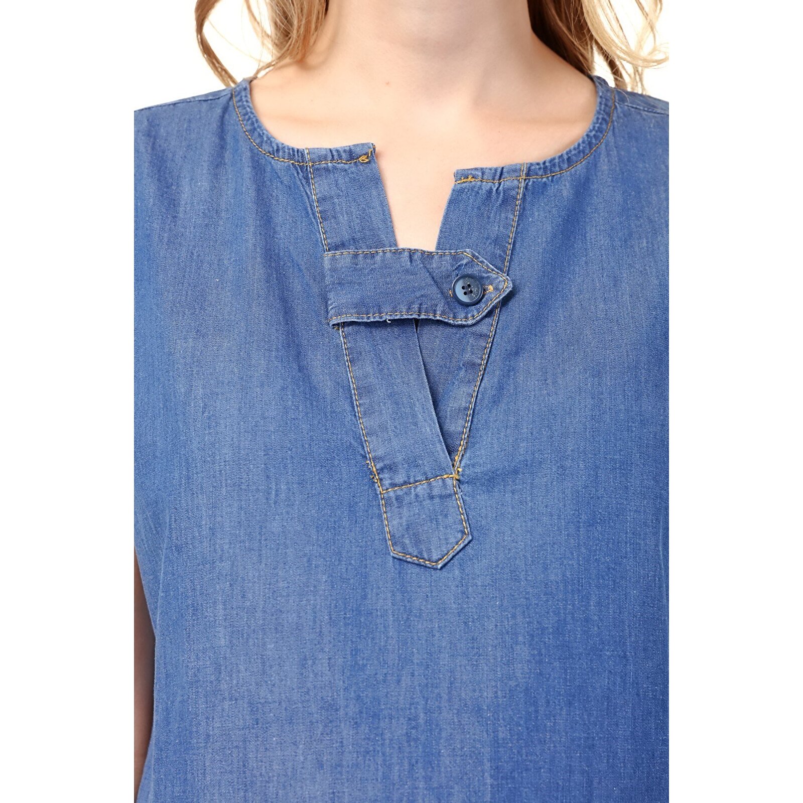 Mavi V Yaka Kadın Denim Elbise