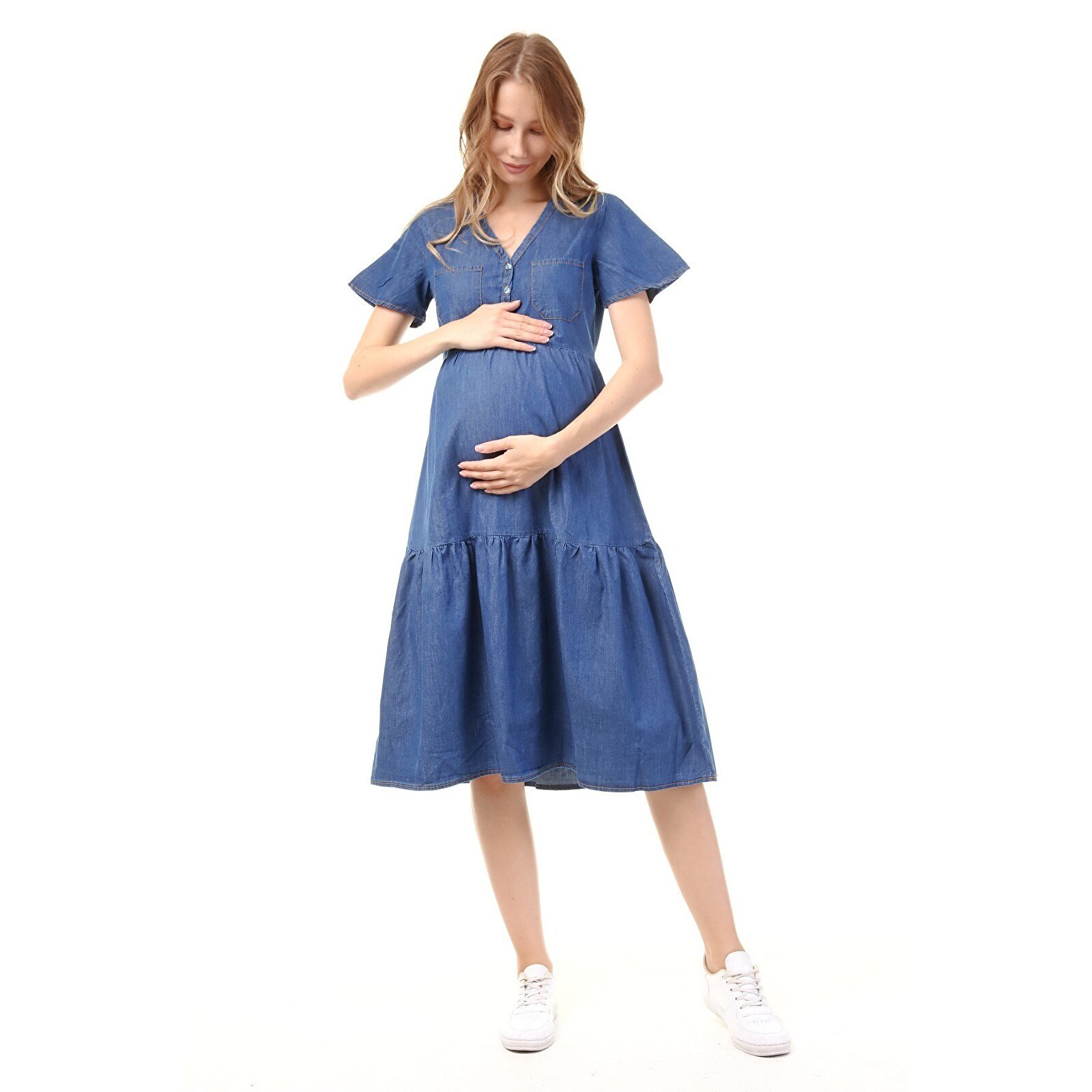 Mavi Kadın Düğmeli Ve Cepli Denim Hamile Elbise