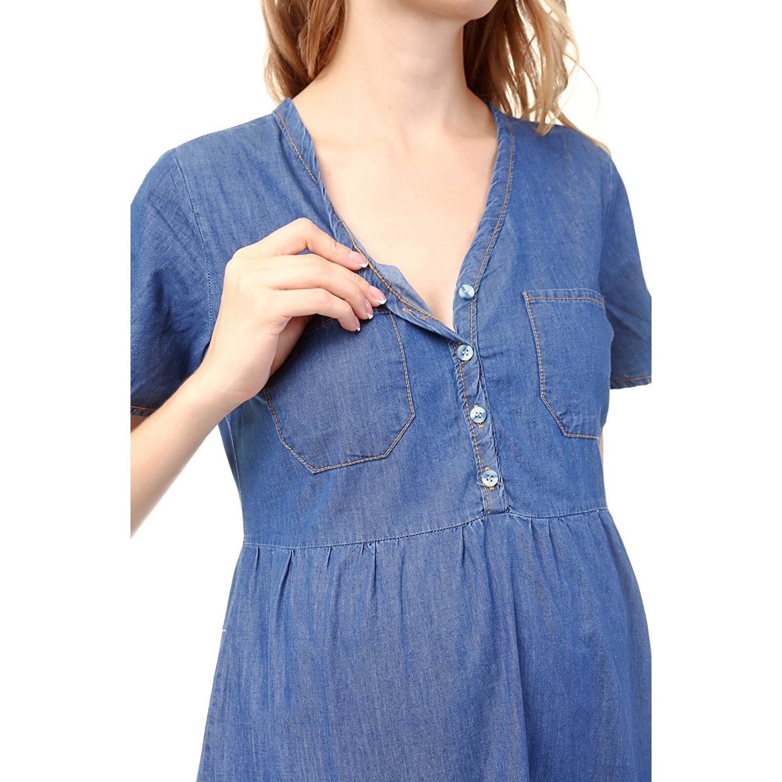 Mavi Kadın Düğmeli Ve Cepli Denim Hamile Elbise