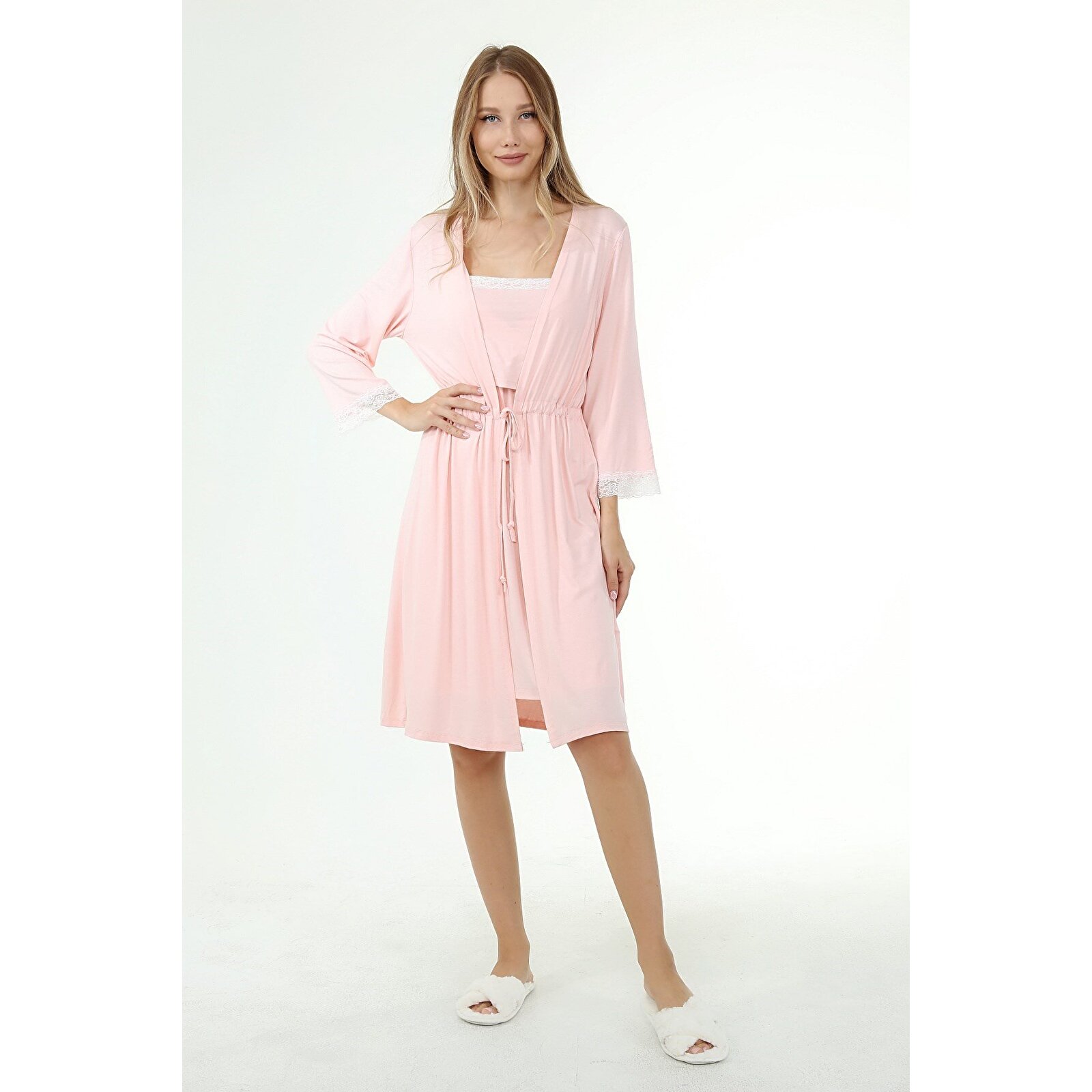 Pembe Kadın Dantelli Sabahlıklı Hamile Pijama 2'li