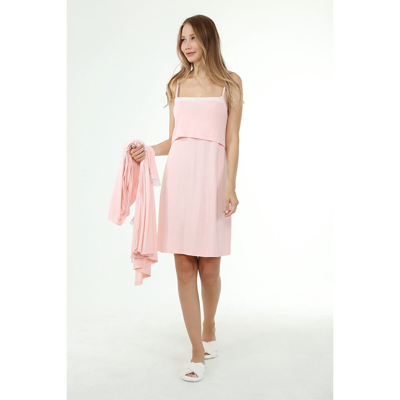 Pembe Kadın Dantelli Sabahlıklı Hamile Pijama 2'li