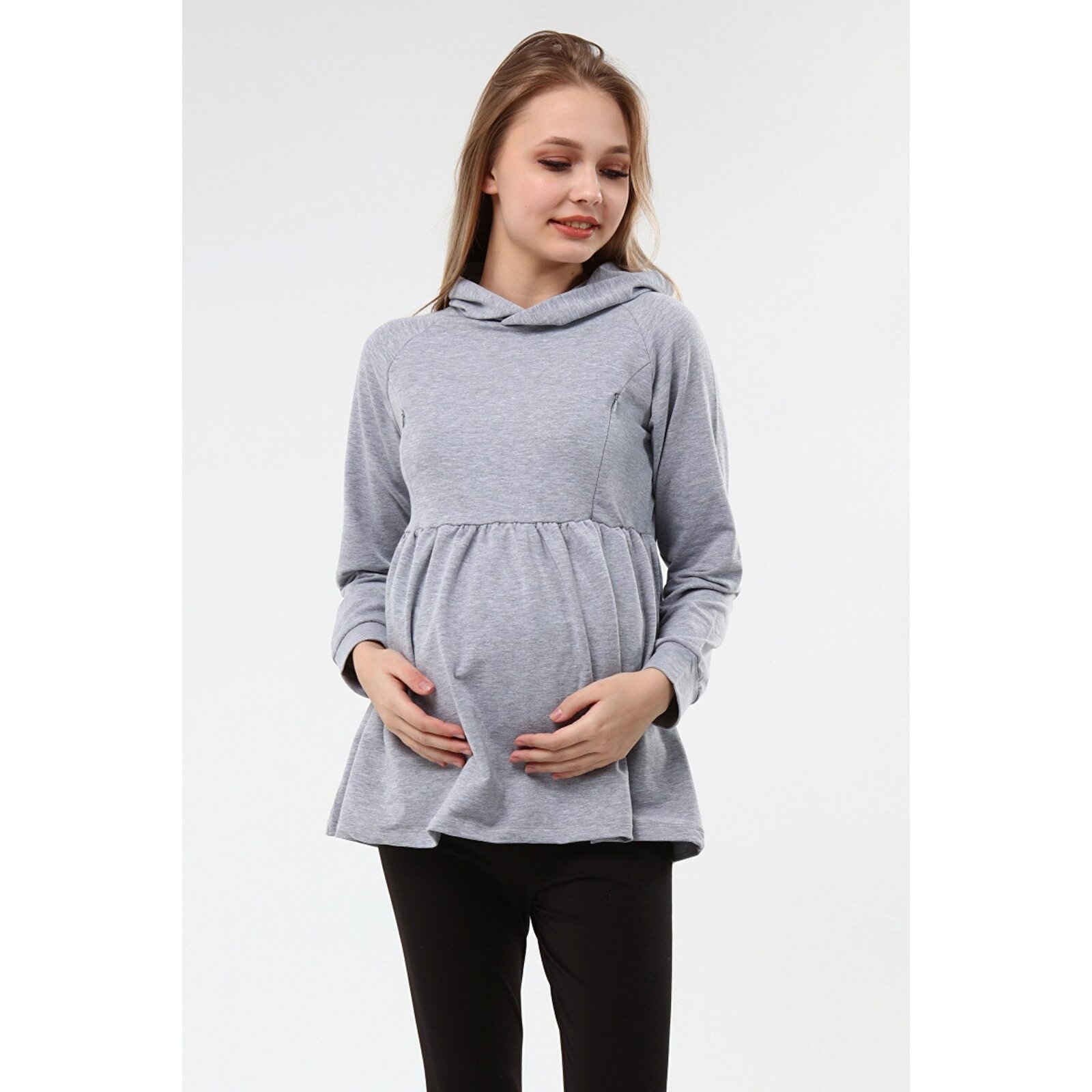 GRİ Kapüşonlu Kadın Emzirme Sweatshirt