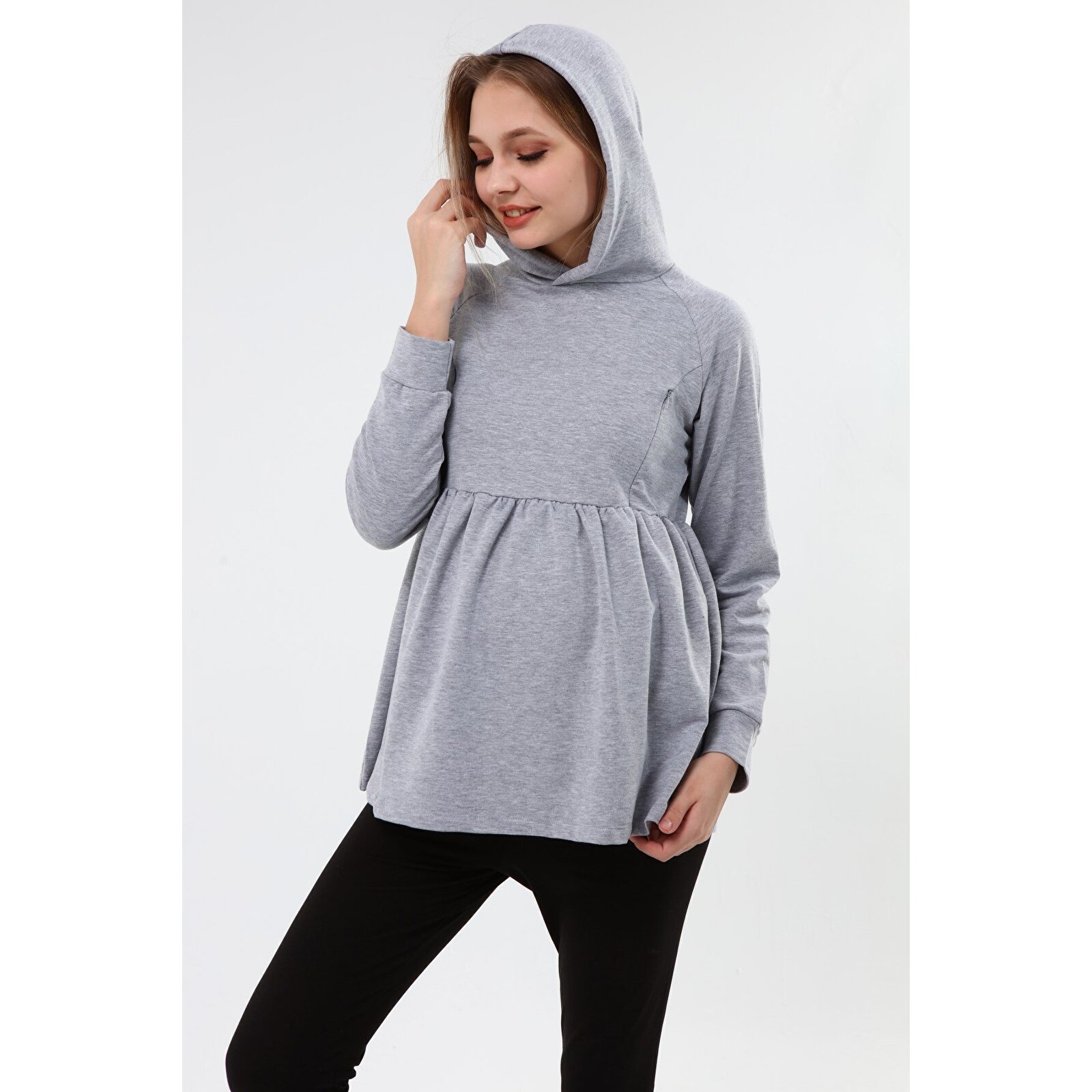GRİ Kapüşonlu Kadın Emzirme Sweatshirt