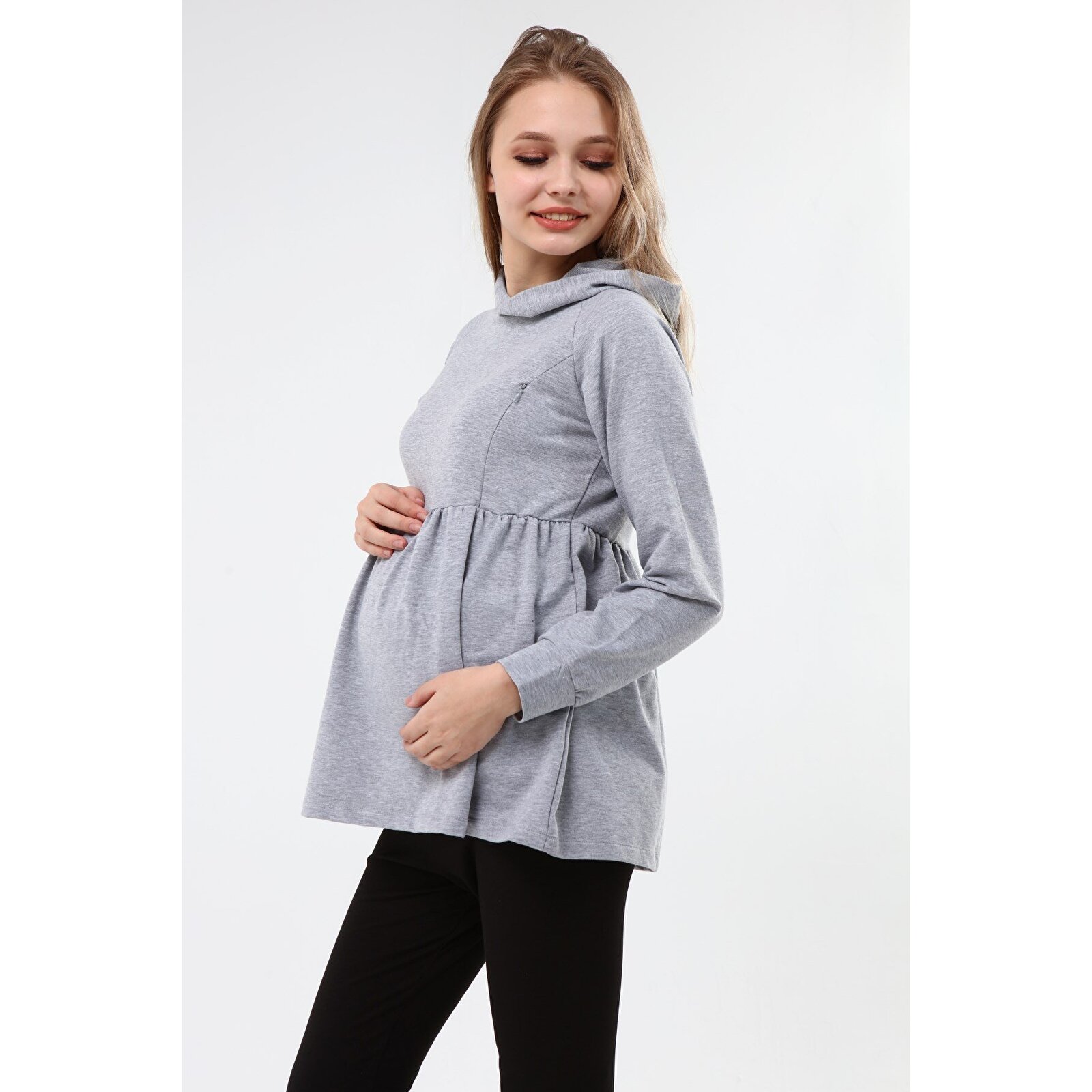 GRİ Kapüşonlu Kadın Emzirme Sweatshirt