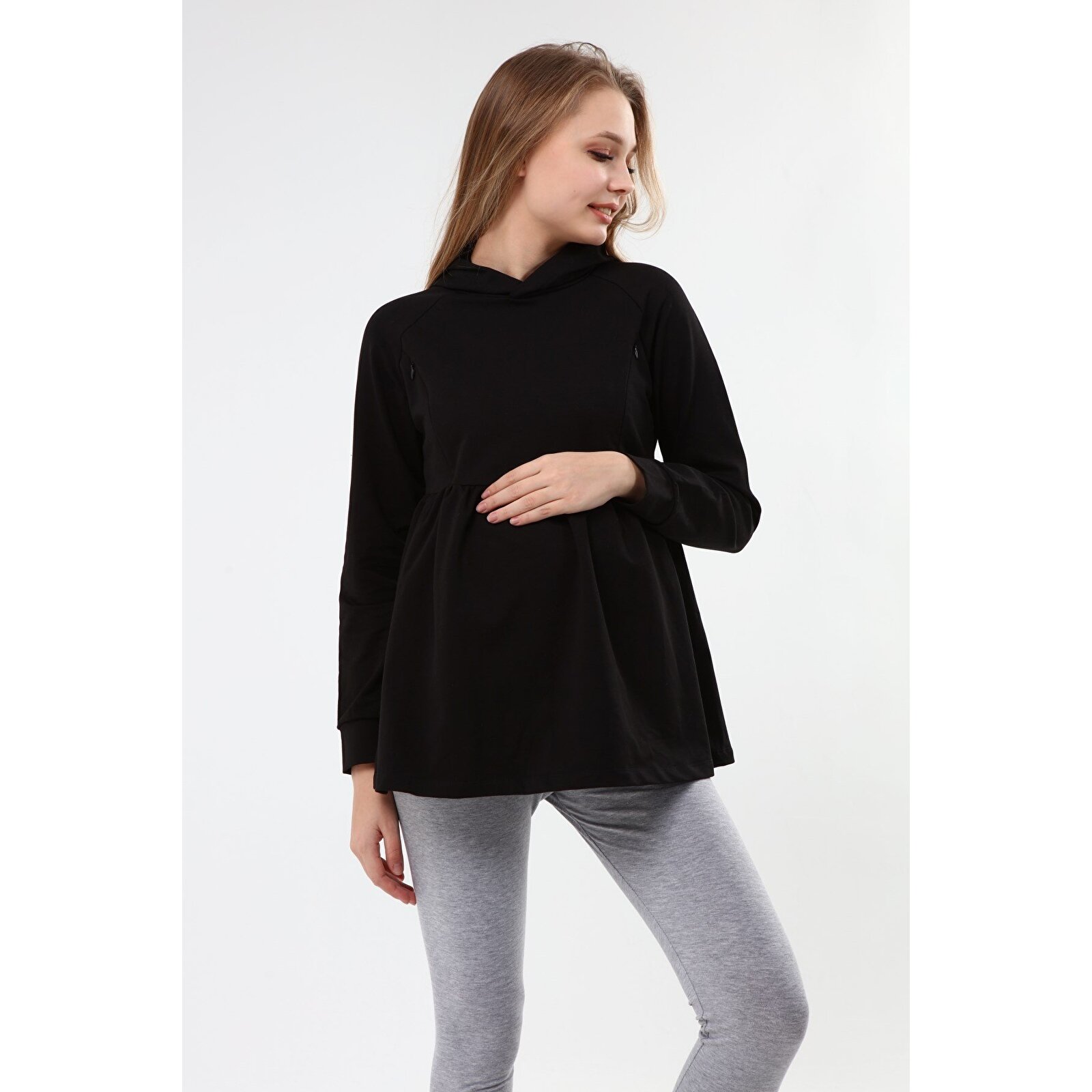 Siyah Kapüşonlu Kadın Emzirme Sweatshirt