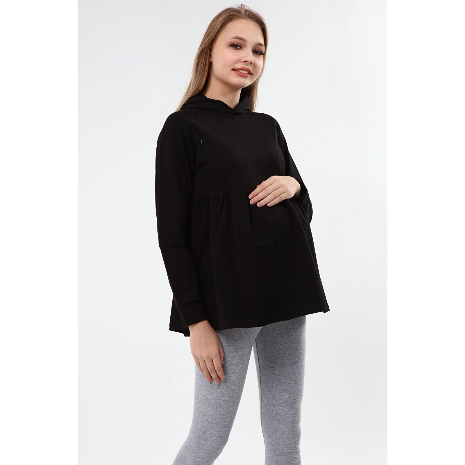 Siyah Kapüşonlu Kadın Emzirme Sweatshirt
