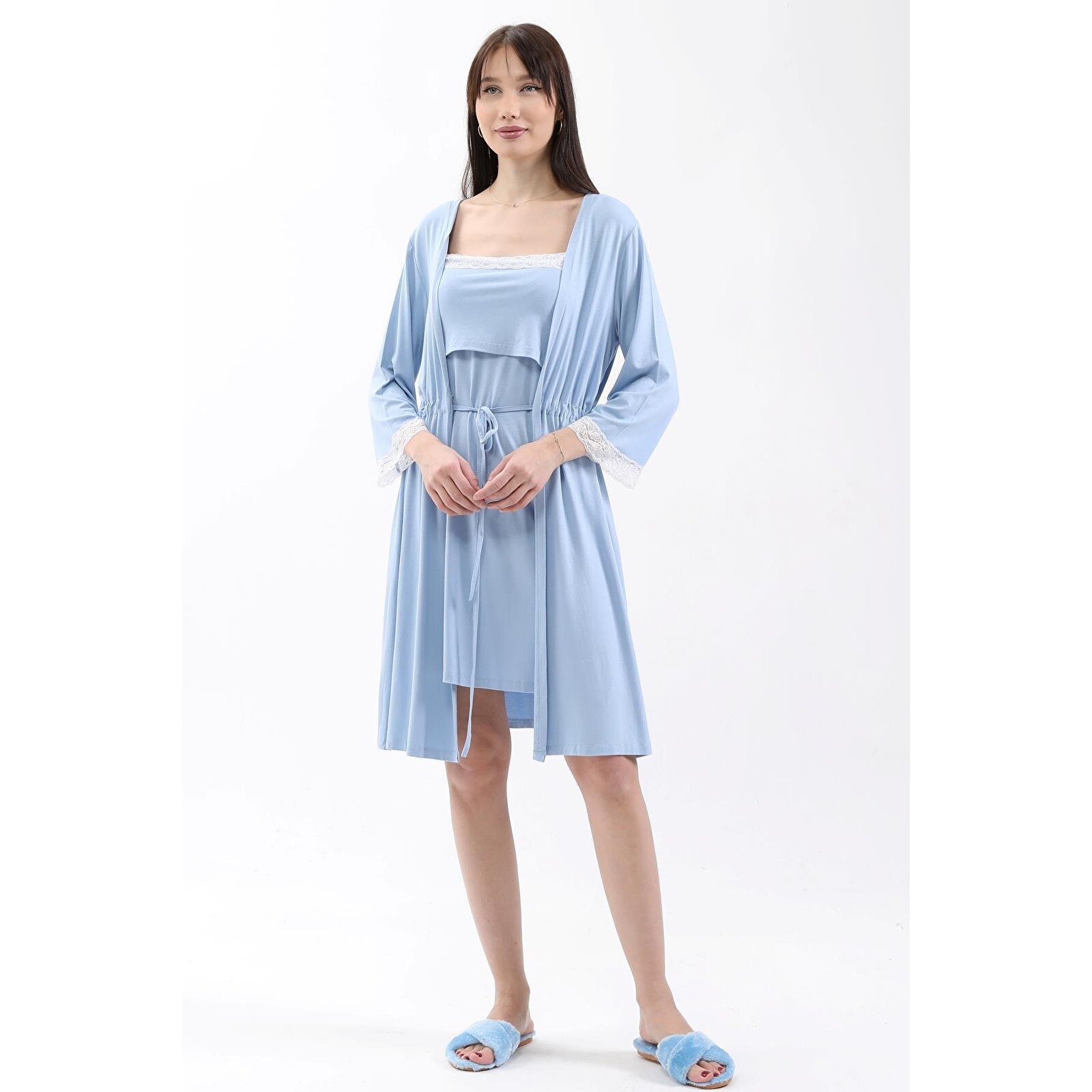 Mavi Kadın Dantelli Sabahlıklı Hamile Pijama 2'li Mavi Kadın Dantelli Sabahlıklı Hamile Pijama 2'li