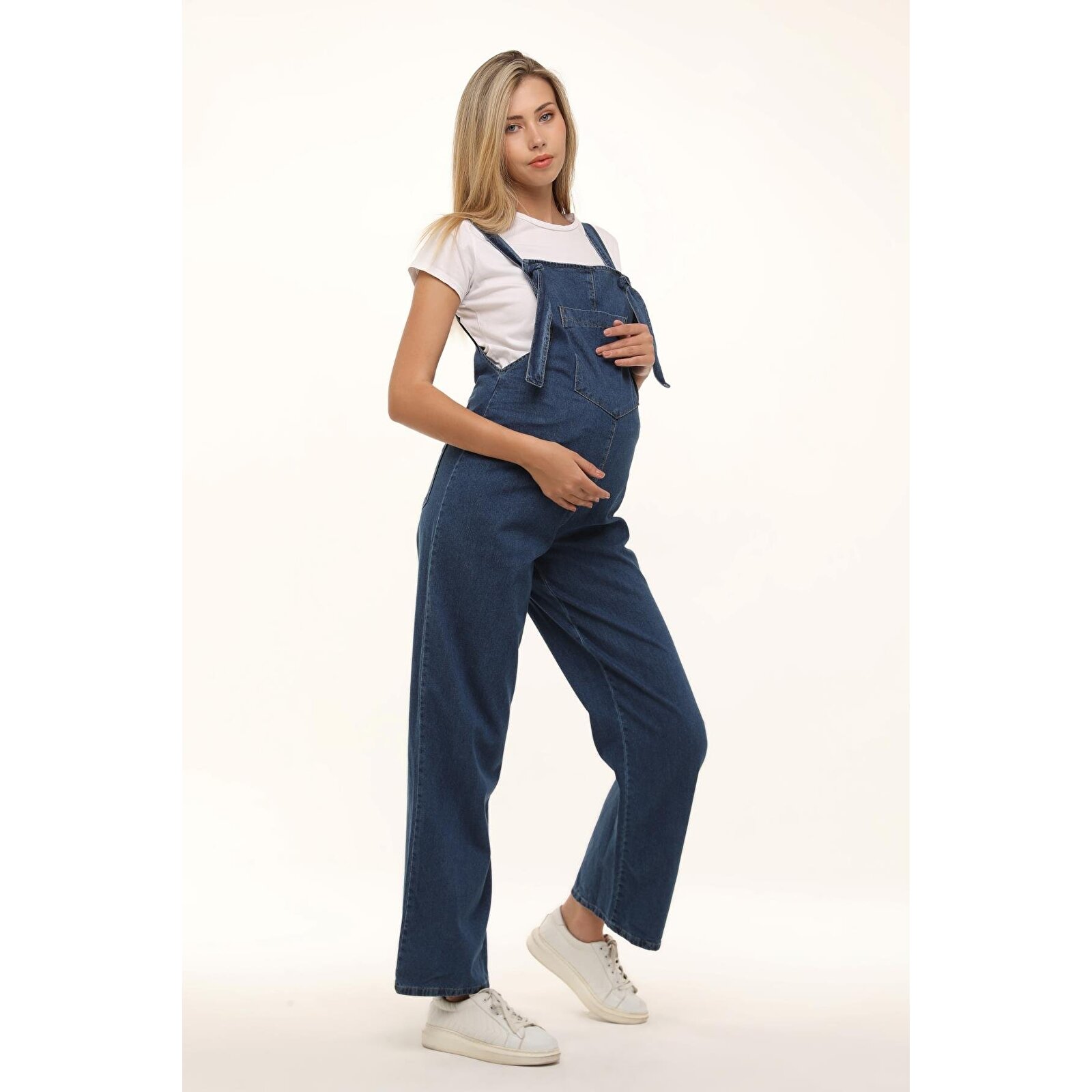 Mavi Yandan Fermuarlı Kadın Denim Hamile Salopet