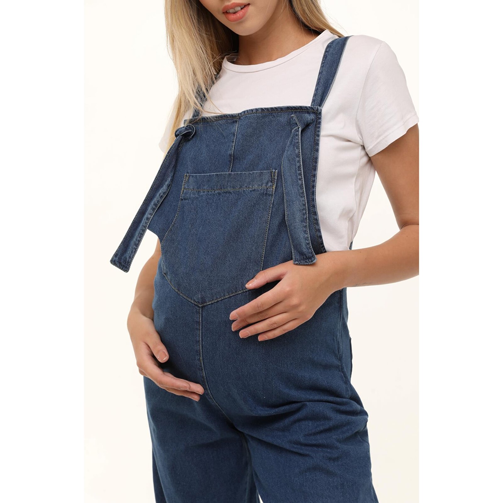 Mavi Yandan Fermuarlı Kadın Denim Hamile Salopet