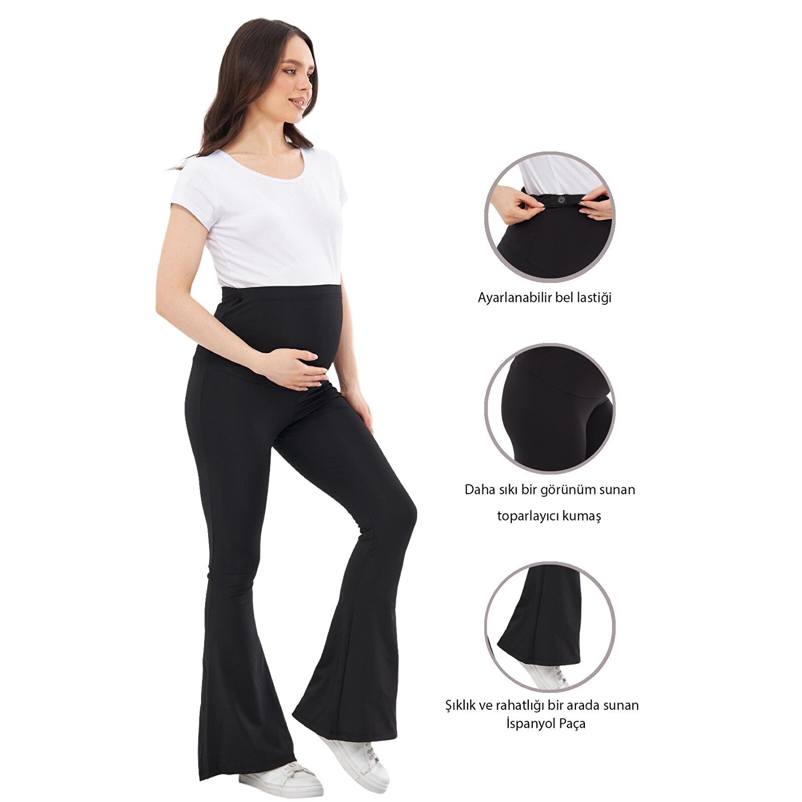 Siyah Toparlayıcı İnce Dalgıç İspanyol Paça Beli Ayarlanabilir Kadın Hamile Tayt