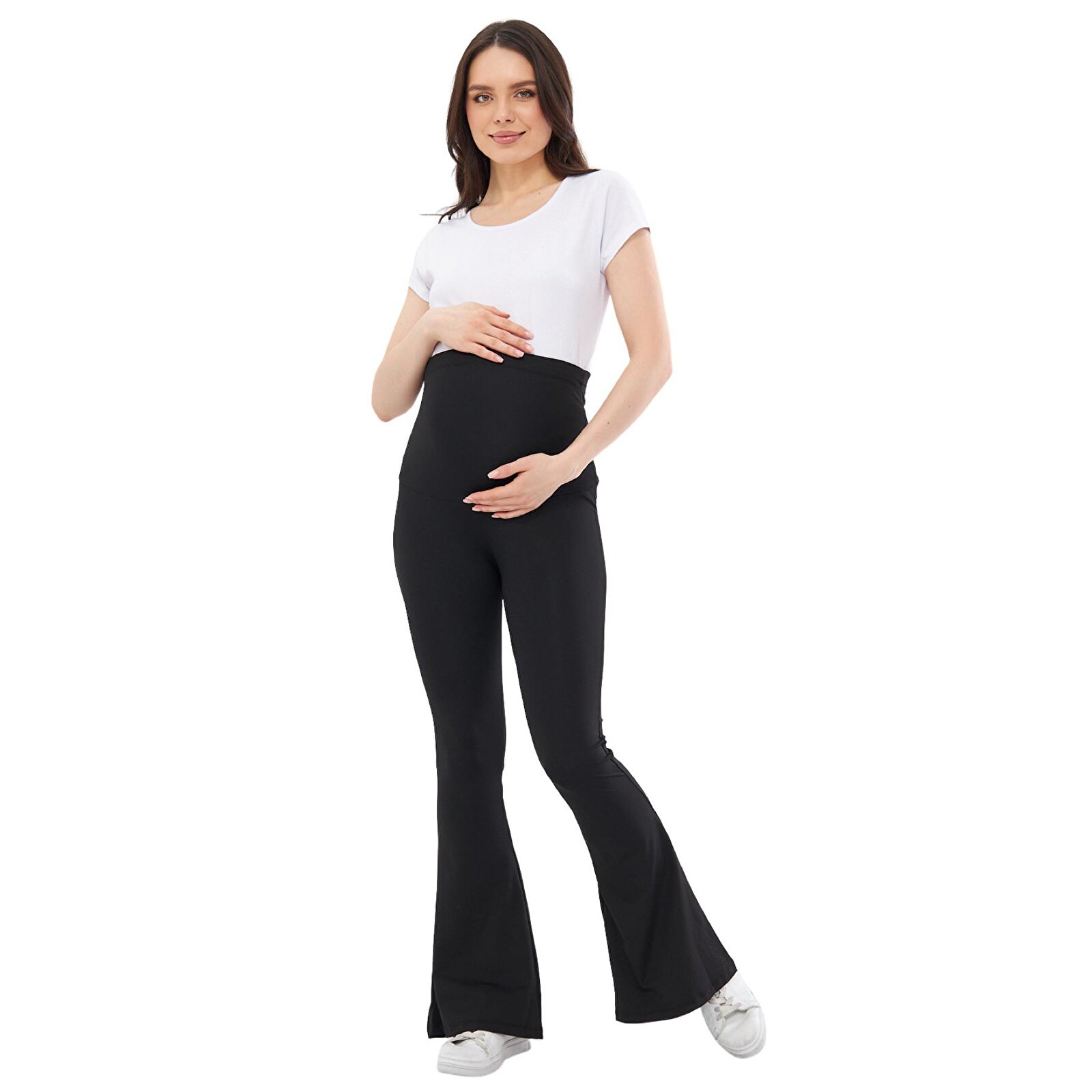 Siyah Toparlayıcı İnce Dalgıç İspanyol Paça Beli Ayarlanabilir Kadın Hamile Tayt