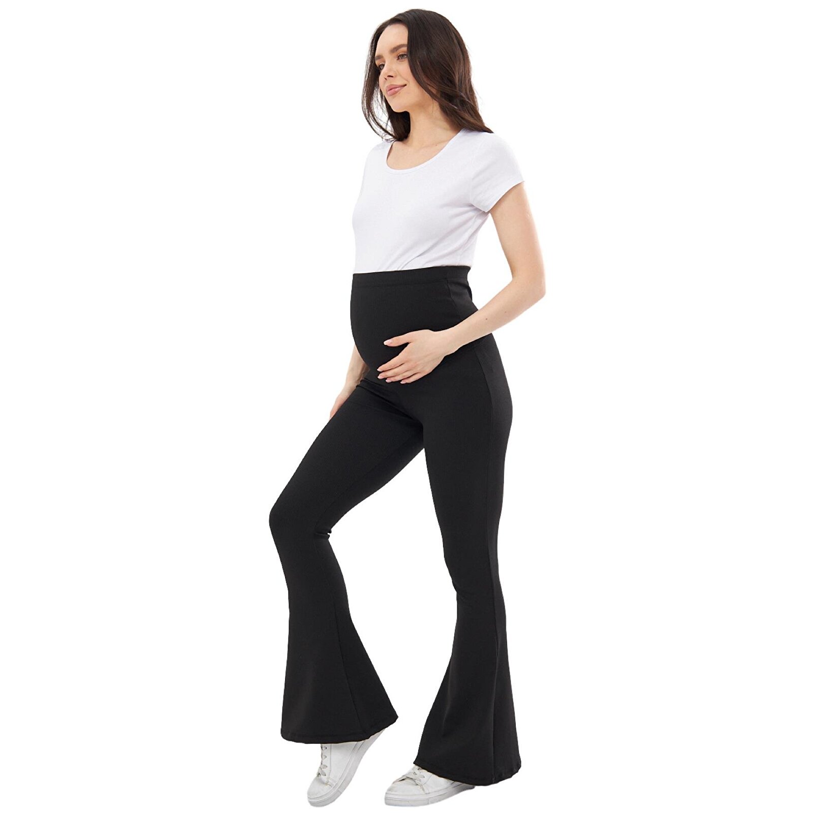 Siyah Toparlayıcı Fitilli Mevsimlik İspanyol Paça Beli Ayarlanabilir Kadın Hamile Tayt