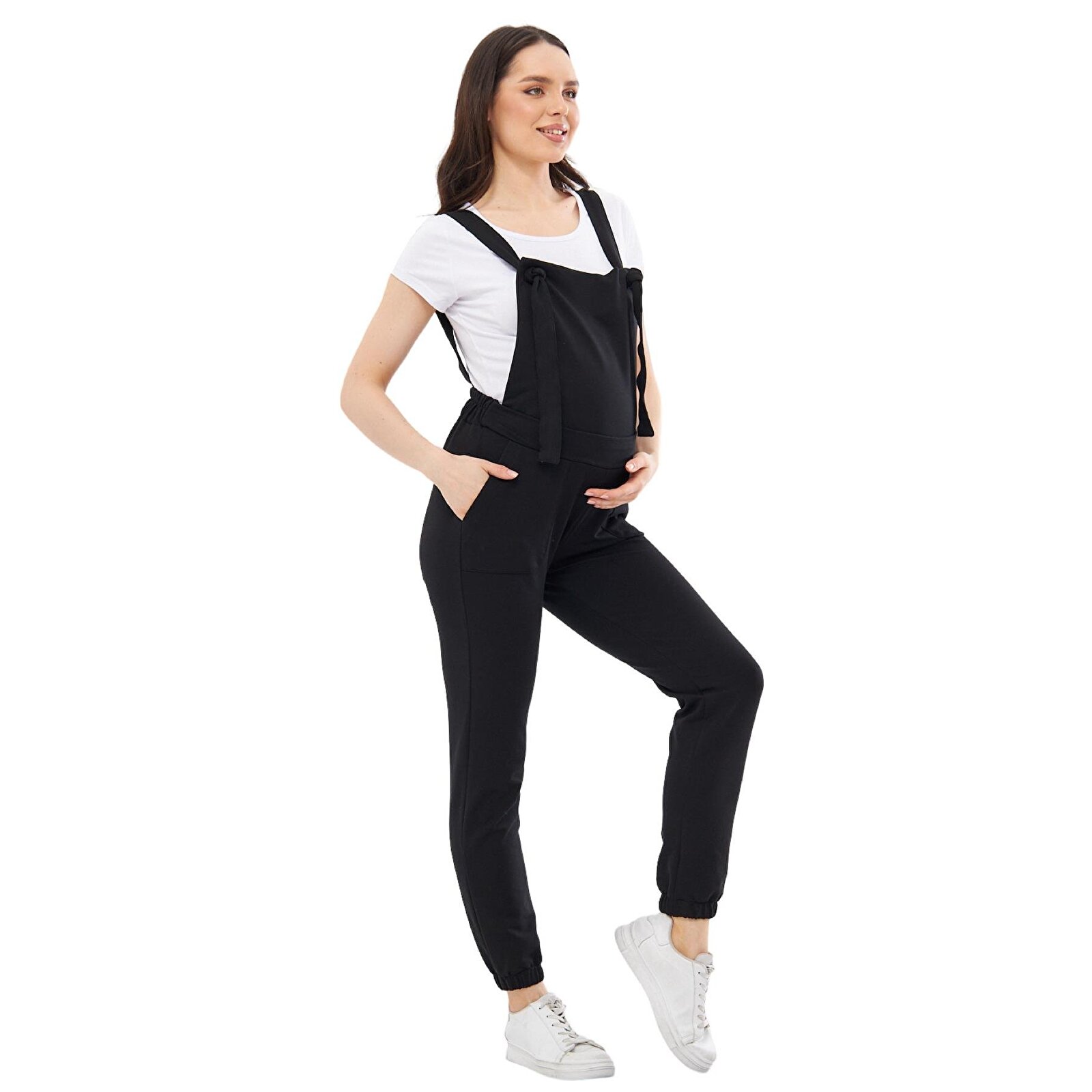 Siyah Beli Ayarlanabilir Kadın Hamile Jogger Salopet