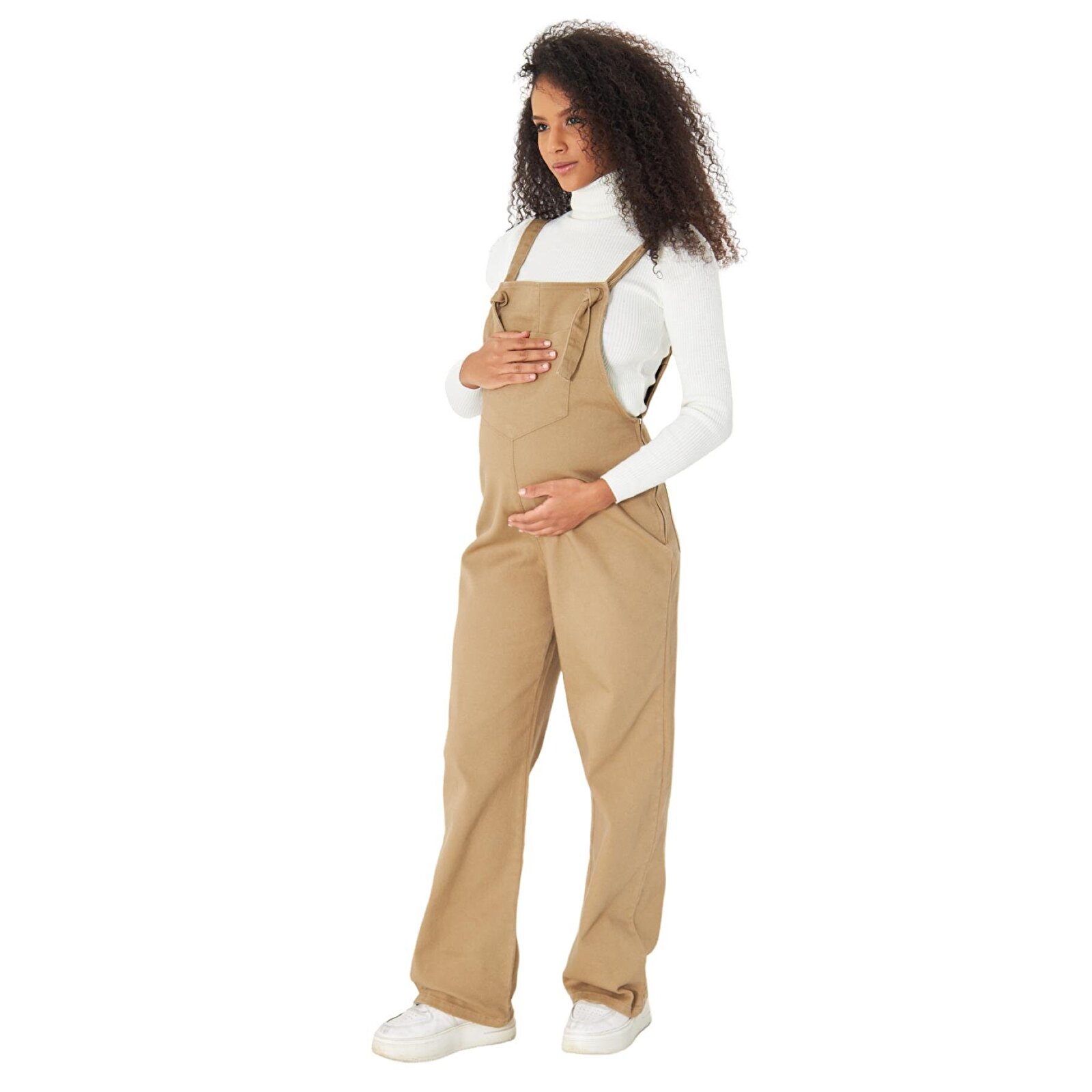 Taba Yandan Fermuarlı Kadın Denim Hamile Salopet