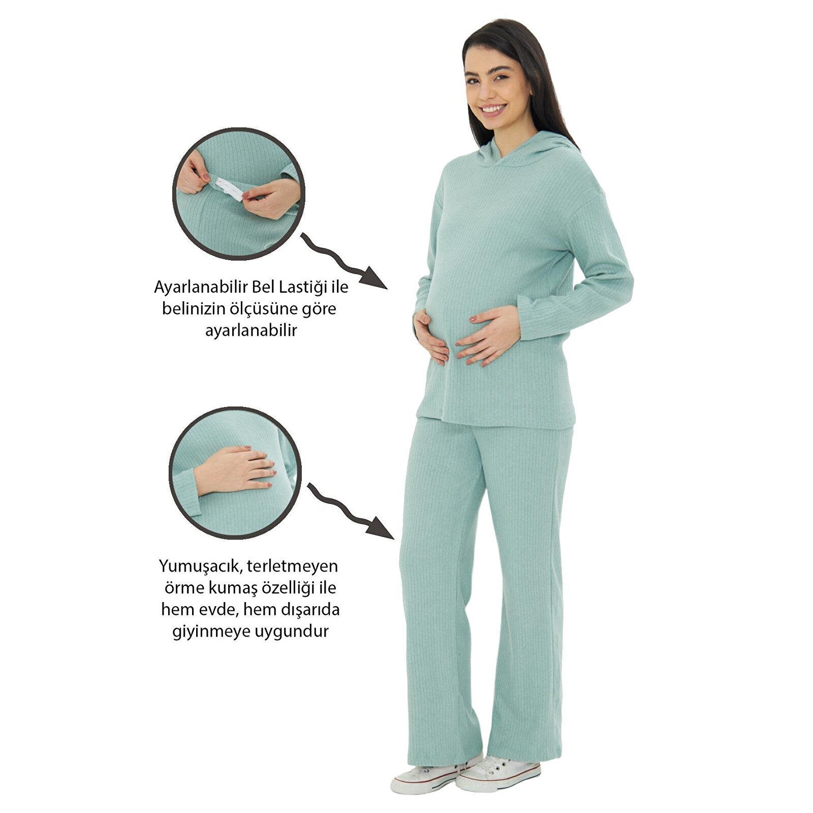 Yeşil Örme Kapüşonlu Kadın Hamile Alt Üst Takımı