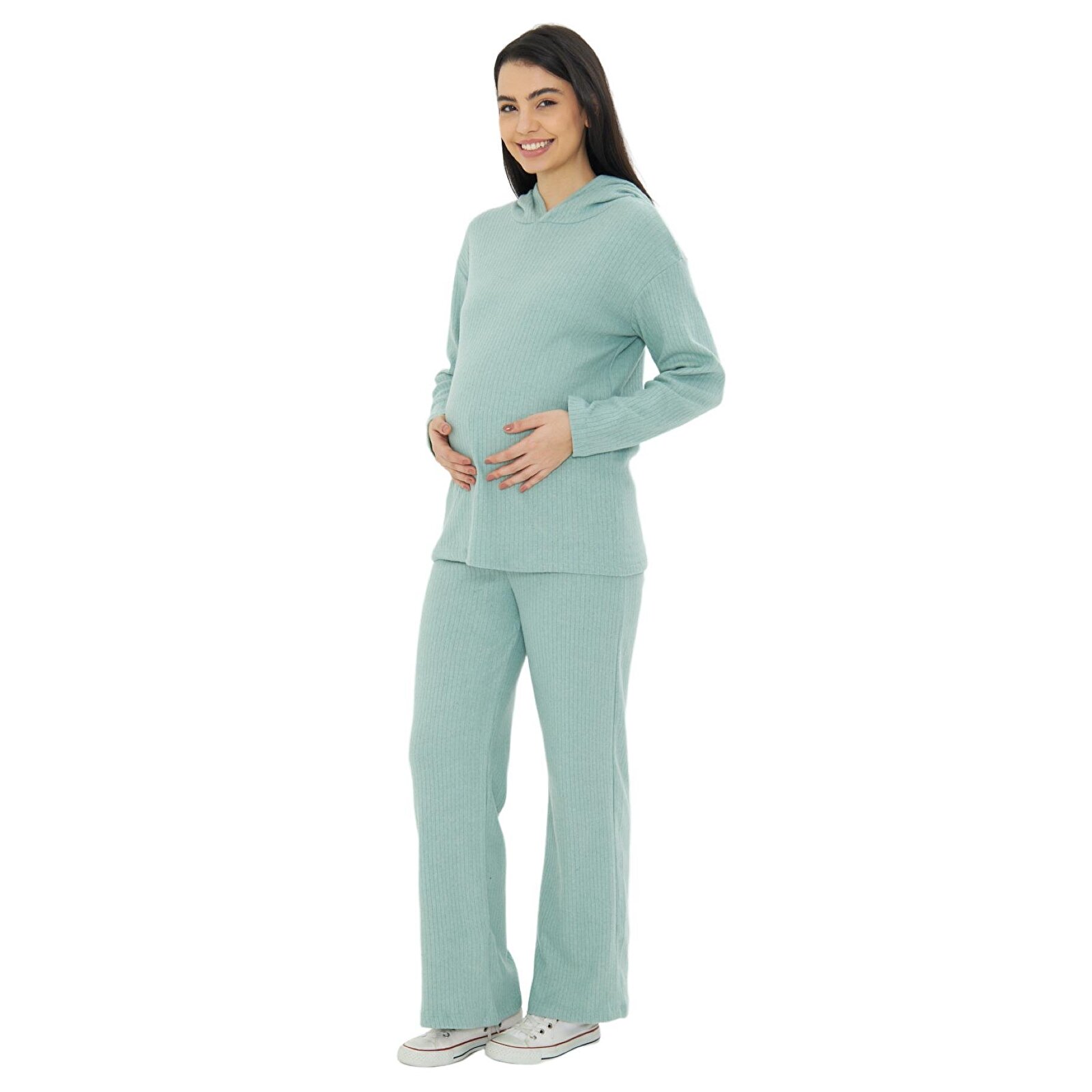 Yeşil Örme Kapüşonlu Kadın Hamile Alt Üst Takımı