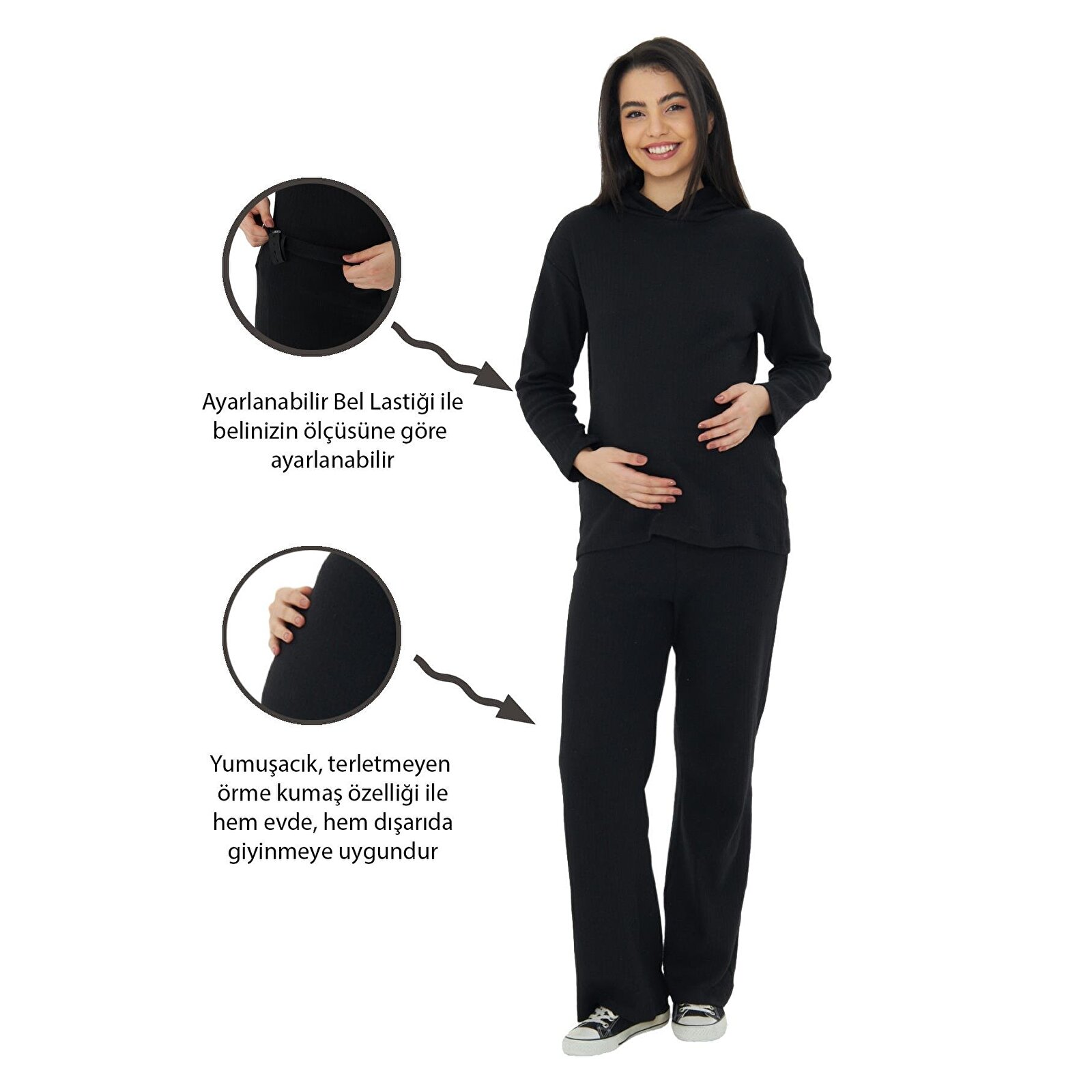 Siyah Örme Kapüşonlu Kadın Hamile Alt Üst Takımı