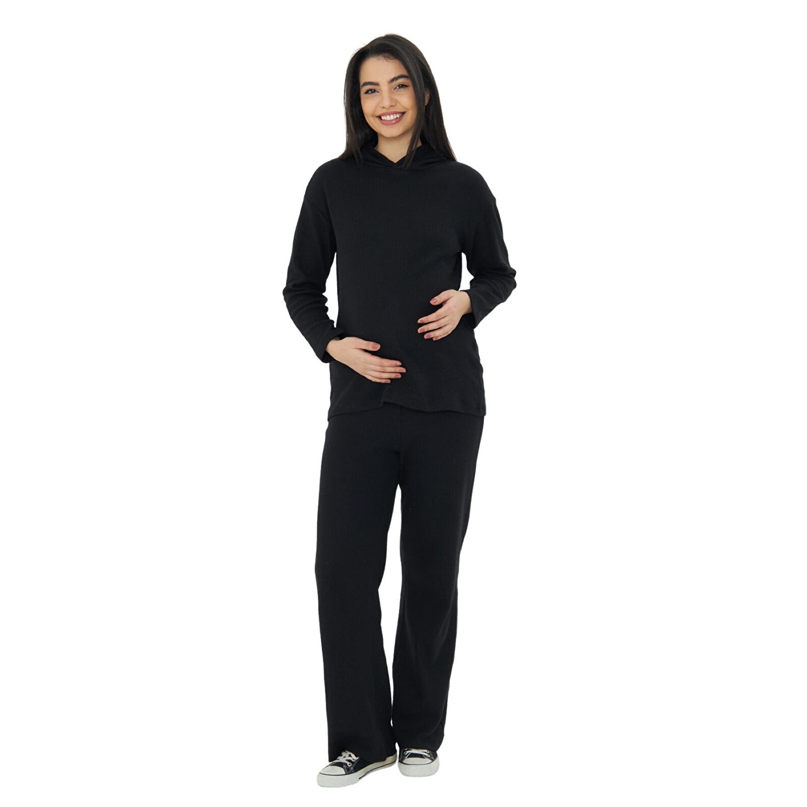 Siyah Örme Kapüşonlu Kadın Hamile Alt Üst Takımı