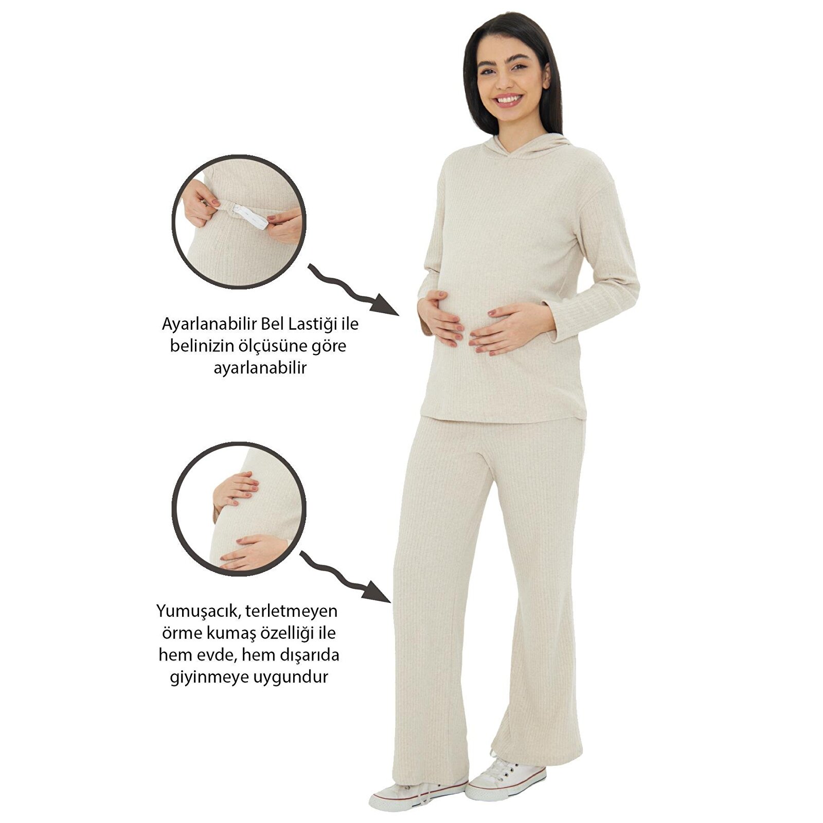 Bej Örme Kapüşonlu Kadın Hamile Alt Üst Takımı
