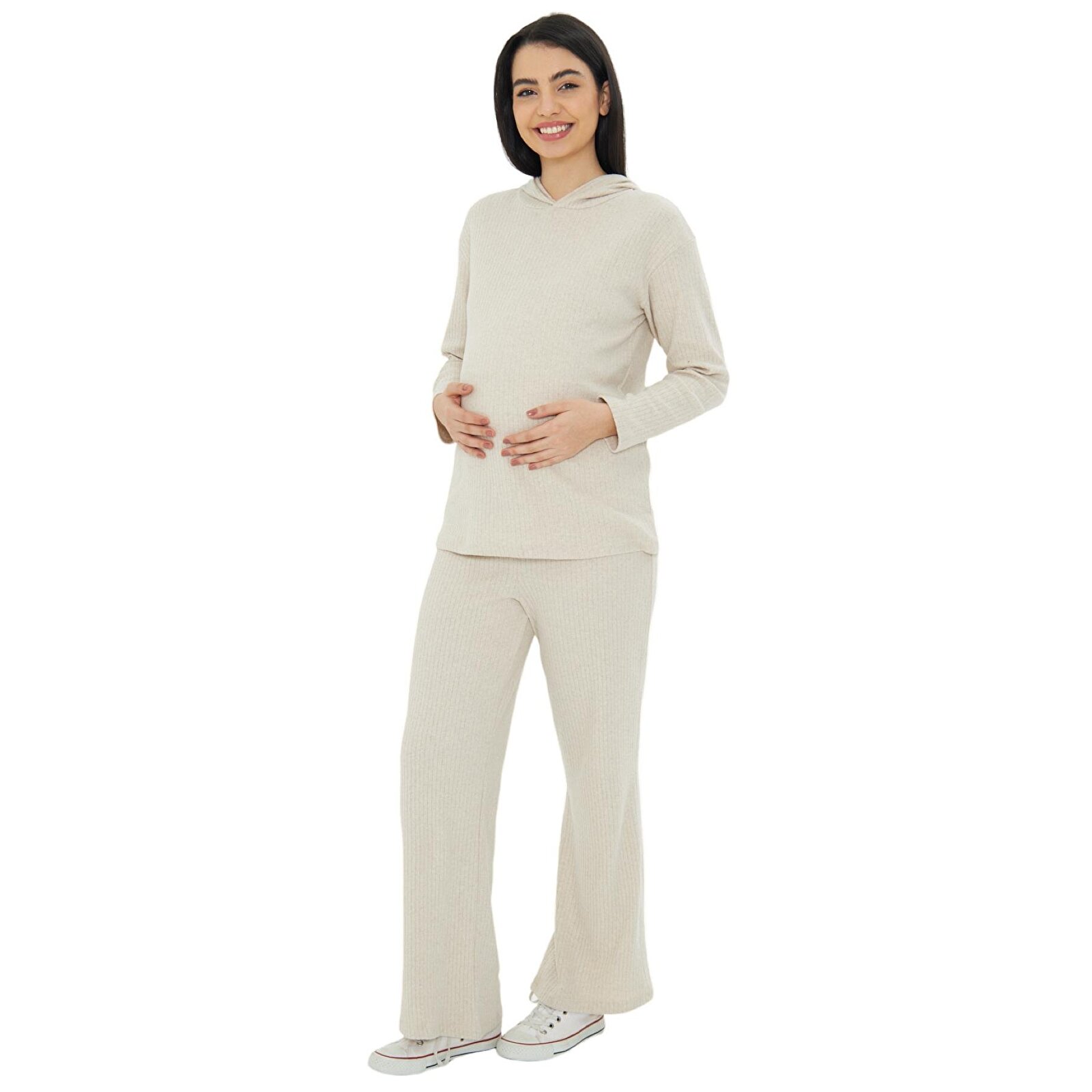 Bej Örme Kapüşonlu Kadın Hamile Alt Üst Takımı