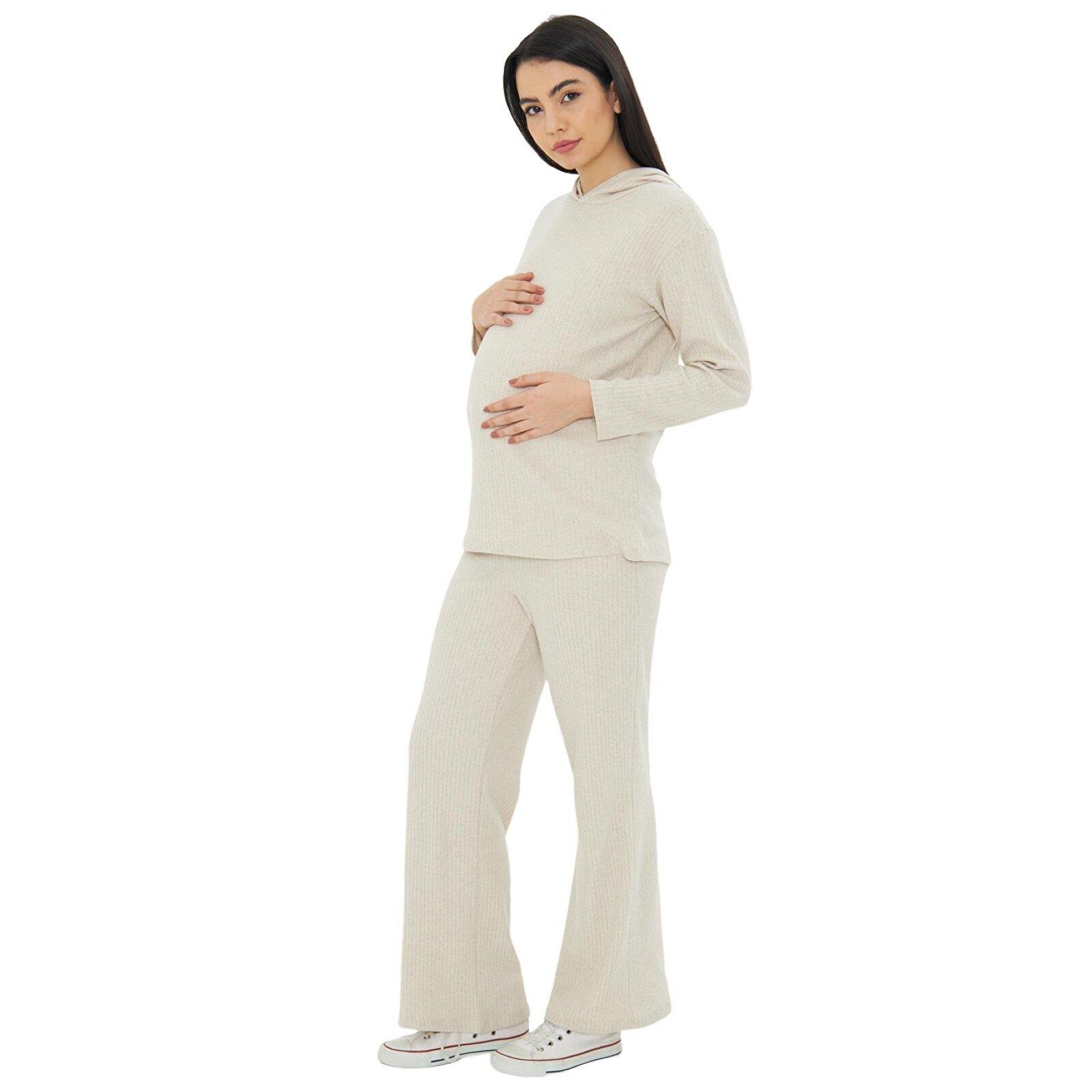 Bej Örme Kapüşonlu Kadın Hamile Alt Üst Takımı