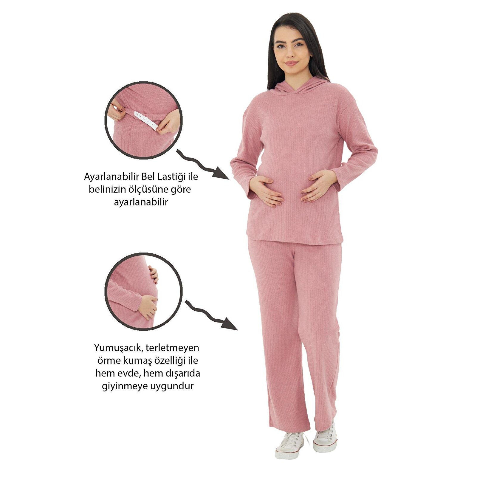 Gül Kurusu Örme Kapüşonlu Kadın Hamile Alt Üst Takımı Gül Kurusu Örme Kapüşonlu Kadın Hamile Alt Üst Takımı