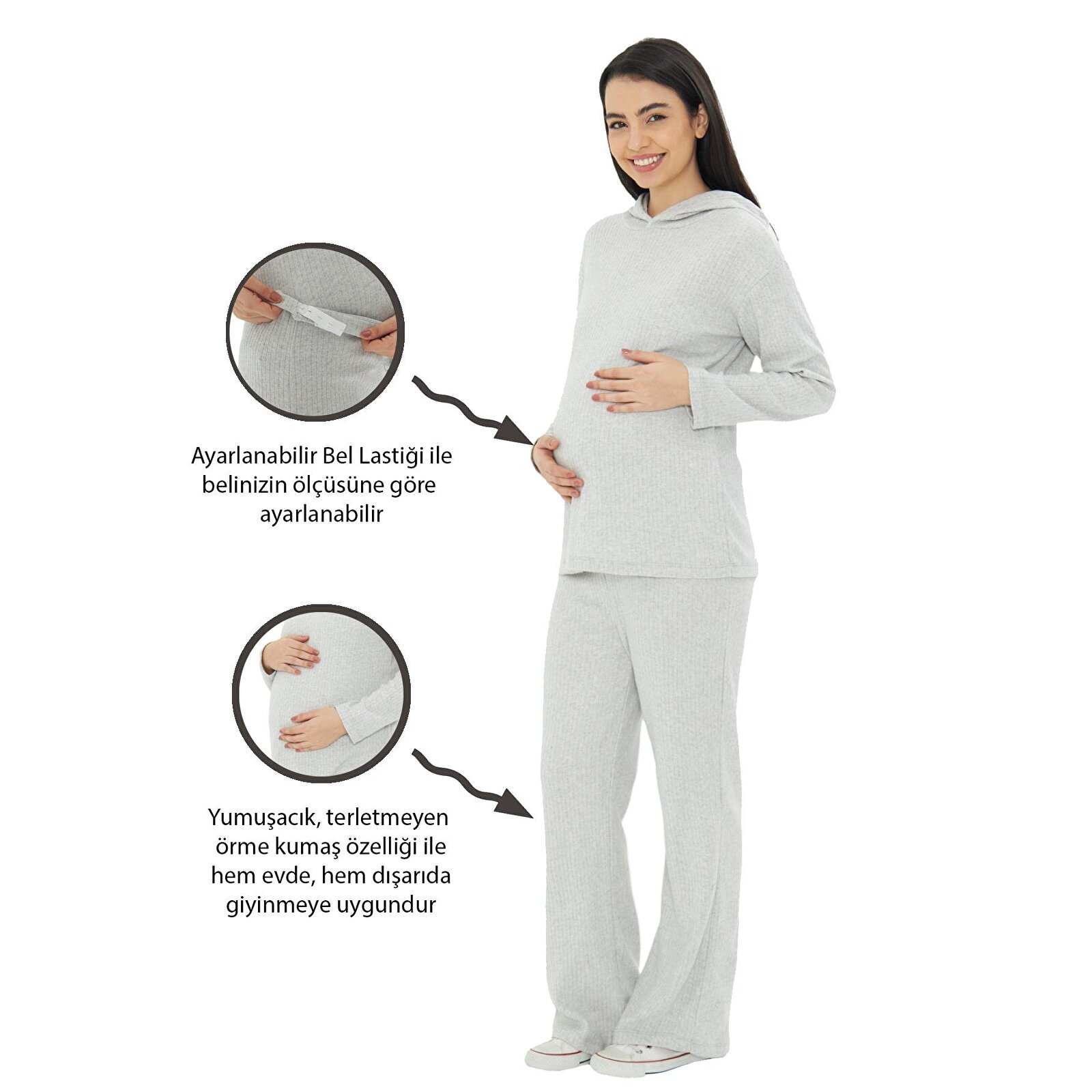 Füme Örme Kapüşonlu Kadın Hamile Alt Üst Takımı