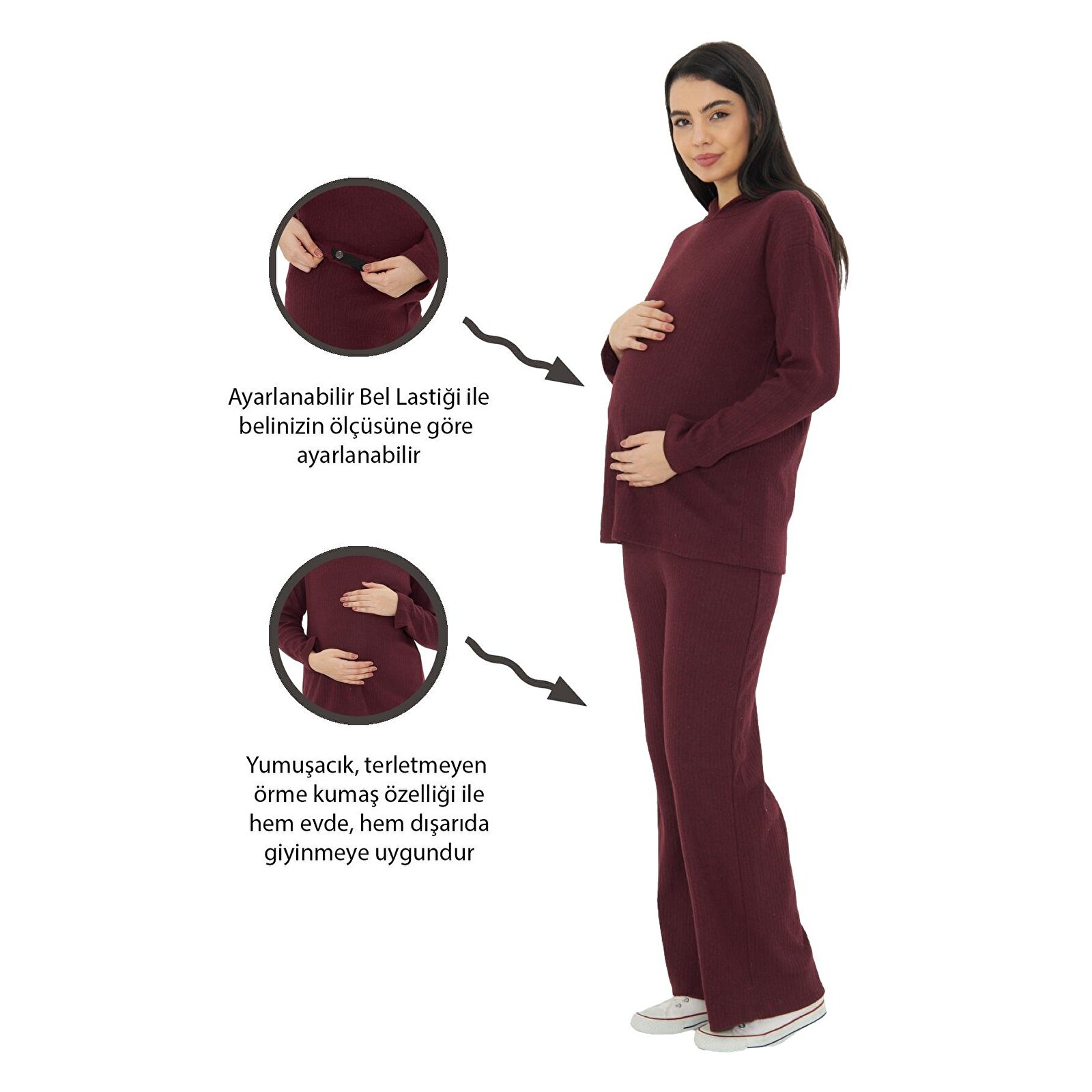 Bordo Örme Kapüşonlu Kadın Hamile Alt Üst Takımı