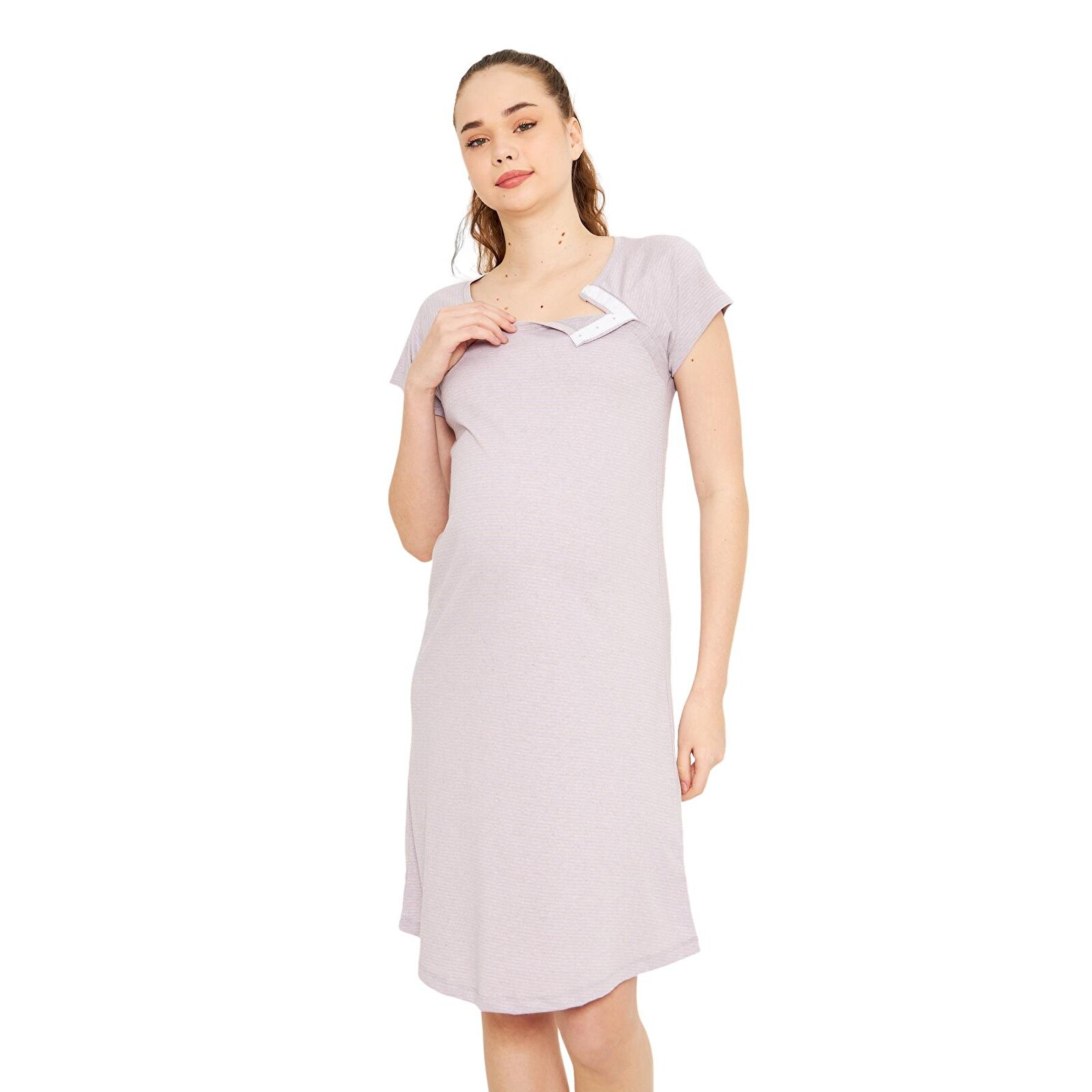 Çizgili Yandan Çıt Çıtlı Kadın Hamile Geceliği