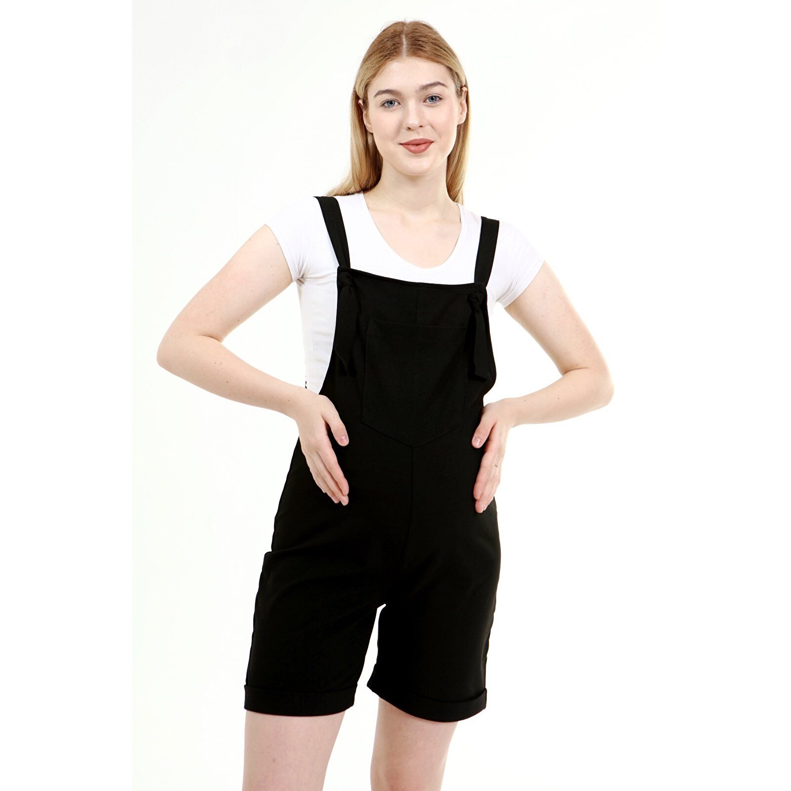 Siyah Yandan Fermuar Kadın Diz Üstü Hamile Salopet