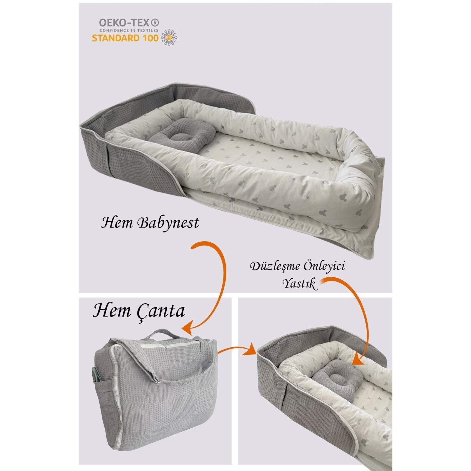 Gri Waffle Micky Desenli Çantalı Babynest Bebek Çantası Taşınabilir Anne Yanı Yatağı Gri Waffle Micky Desenli Çantalı Babynest Bebek Çantası Taşınabilir Anne Yanı Yatağı