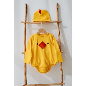 %100 Pamuk Civciv Kostüm Body & Şapka Seti – Unisex Bebek Hediye Seti