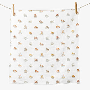 4 Katlı Müslin Örtü - Uykucular Desenli Bebek Müslin Battaniyesi - Dört Katlı Müslin 100x110 Cm