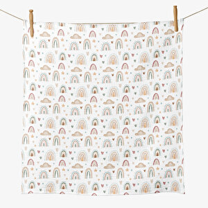 4 Katlı Müslin Örtü - Gökkuşağı Desenli Bebek Müslin Battaniyesi - Dört Katlı Müslin 100x110 Cm