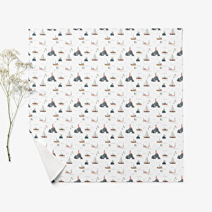 4 Katlı Müslin Örtü - Yelken Desenli Bebek Müslin Battaniyesi - Dört Katlı Müslin 100x110 Cm Beyaz