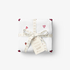 4 Katlı Müslin Örtü - Kırmızı Kalp Desenli Bebek Battaniyesi - Dört Katlı Müslin 100x110 Cm