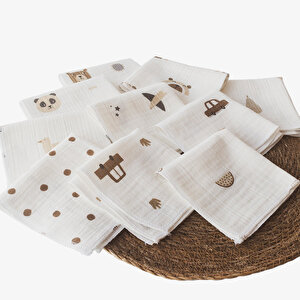 10'lu Desenli Müslin Bebek Ağız Mendili %100 Pamuk 25x25 Cm 10'lu Desenli Müslin Bebek Ağız Mendili %100 Pamuk 25x25 Cm