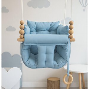 Bebe Mavi Pofuduk Minderli Ahşap Detaylı Bebek Salıncağı